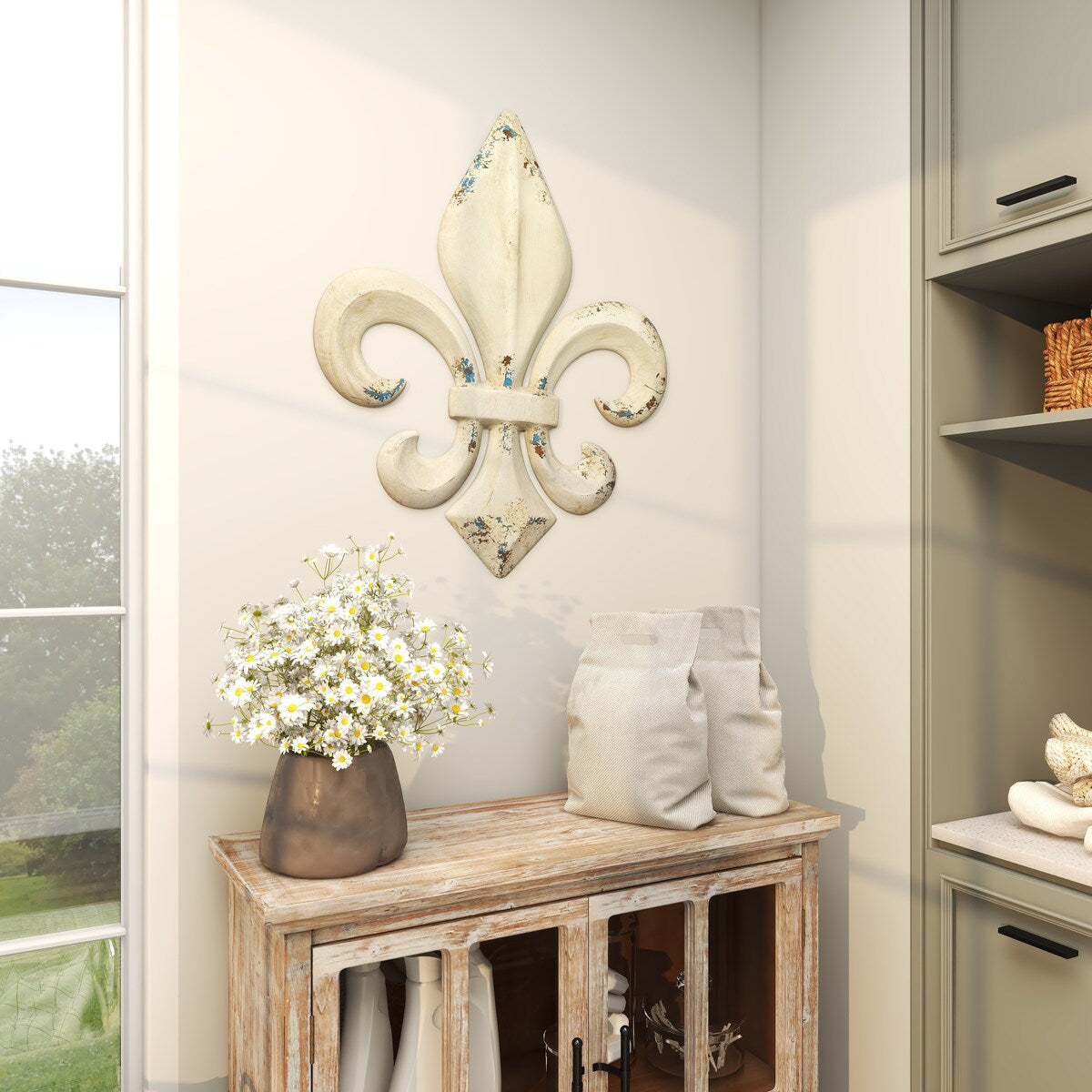 Metal Fleur De Lis Home Wall Decor with Blue and Brown Distressing - White - Roche River Decor