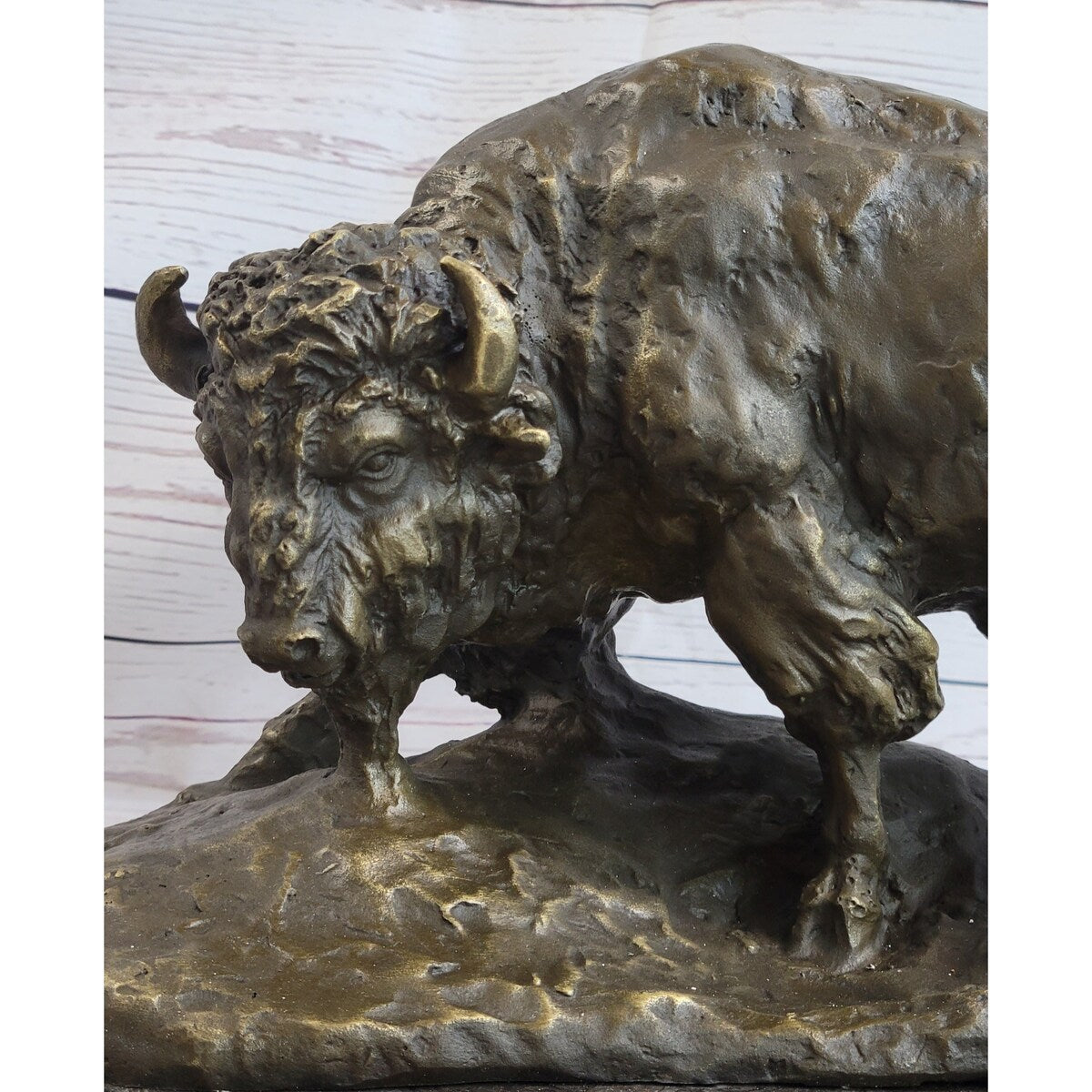 American Buffalo Bison Bull Bronze Sculpture By Barye On Marble Base Figure Art