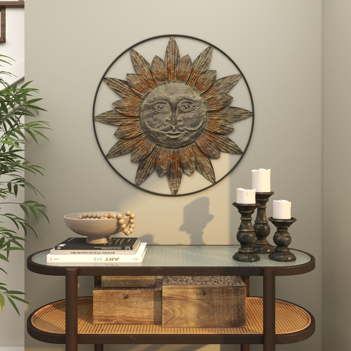 Metal Sun Indoor Outdoor Home Wall Decor with Distressed Copper Like Finish - Brown - Roche River Decor