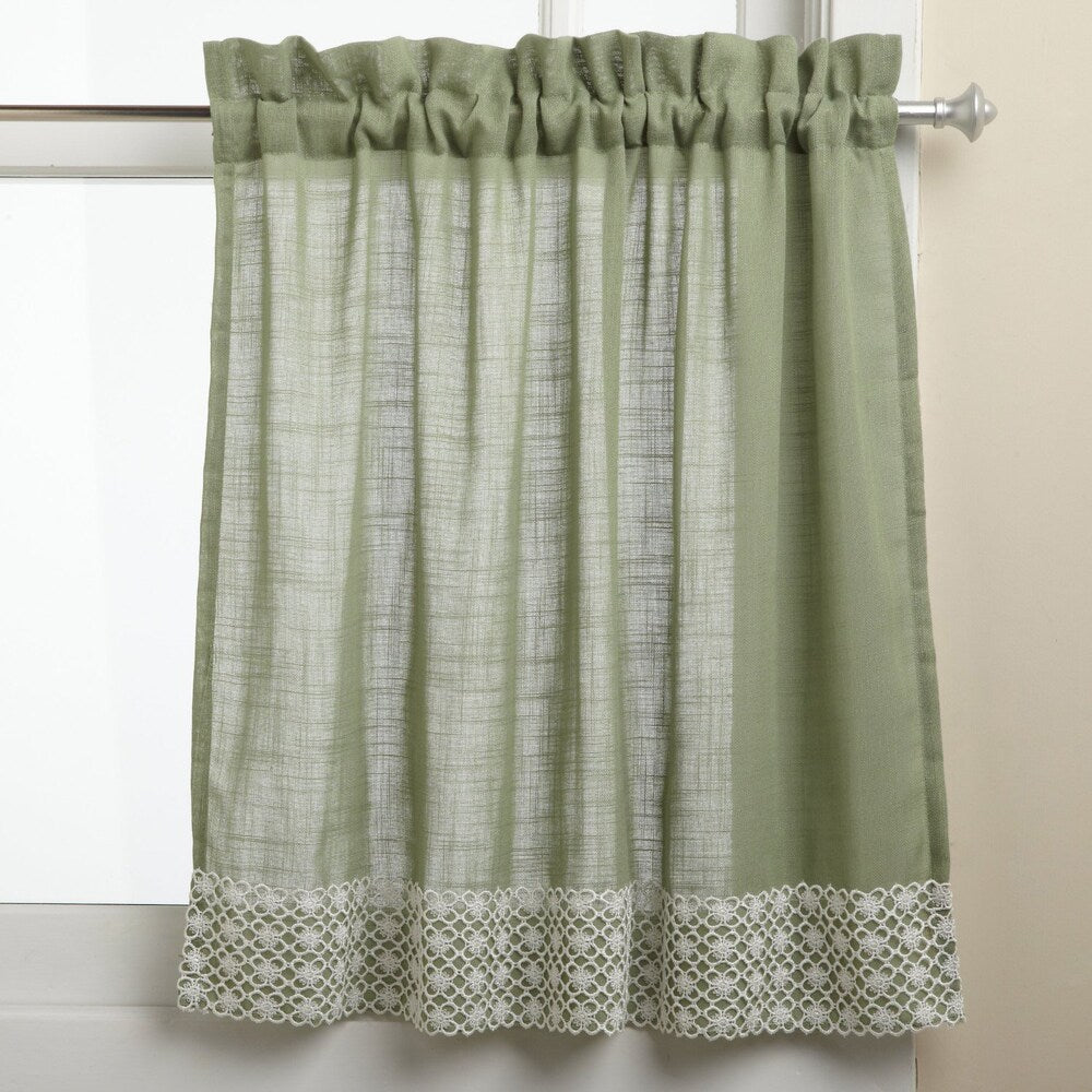 Sage Country Style Curtain Parts with White Daisy Lace Accent (Separates-Tiers, Swags and Valances)