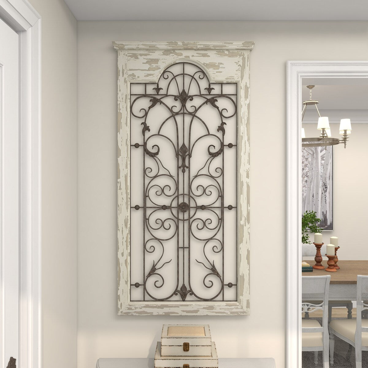 Wood Scroll Distressed Window Inspired Panel Home Wall Decor with Black Metal Fleur De Lis Relief - White - Roche River Decor