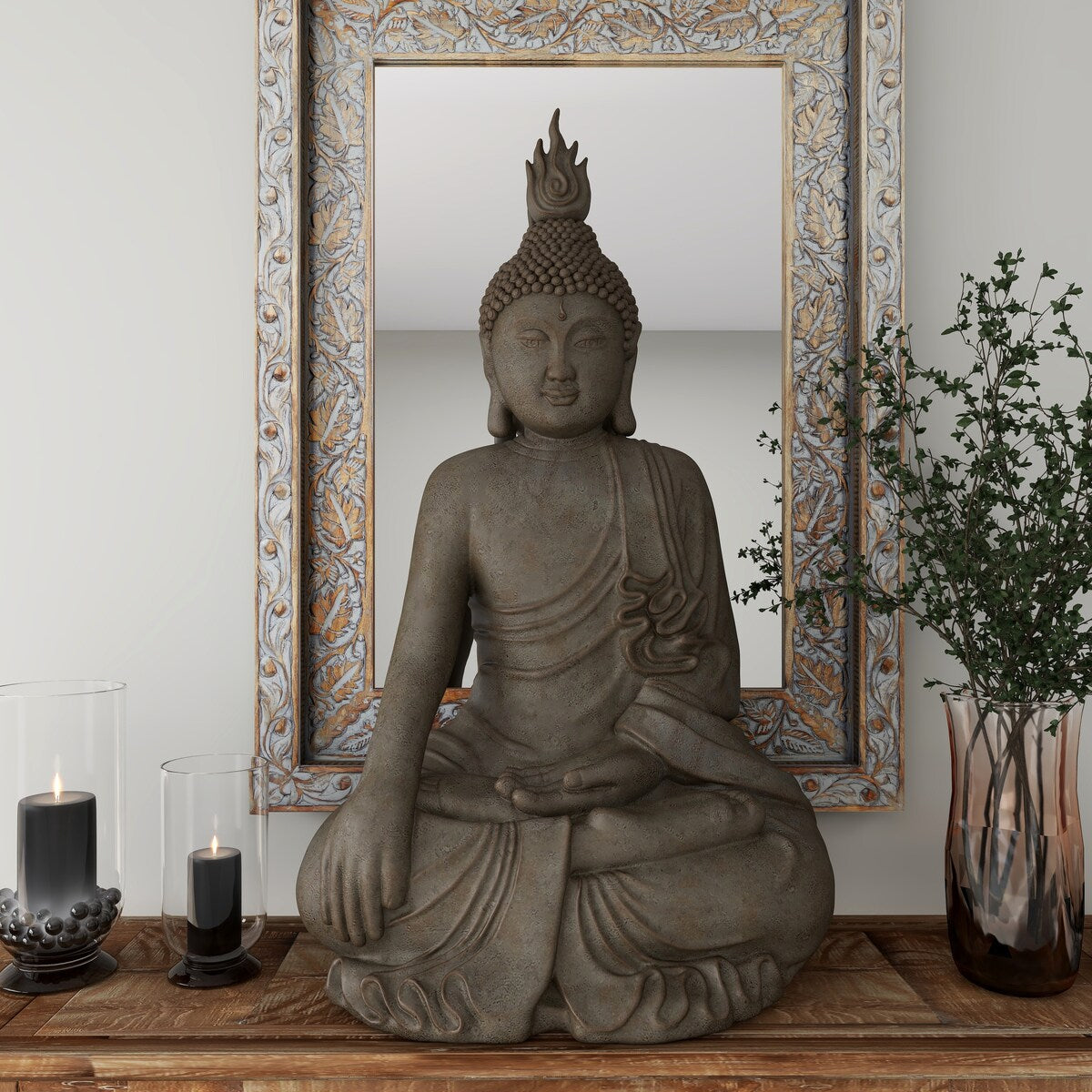 Polystone Buddha Meditating Decorative Sculpture with Engraved Carvings and Relief Detailing - Gray - Roche River Decor