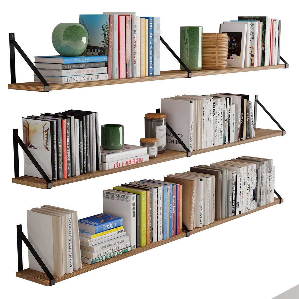 Wallniture Bora 60Floating Shelves, Wall Bookshelf, Burnt, Wood 3 Pcs