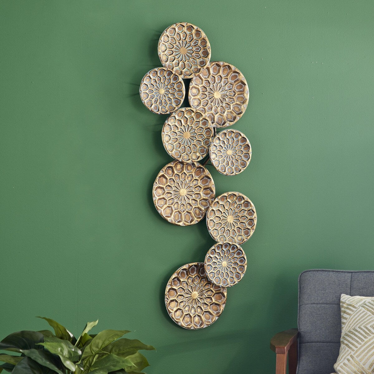 Metal Plate Embossed Floral Home Wall Decor with Teal Accents - Gold - Roche River Decor