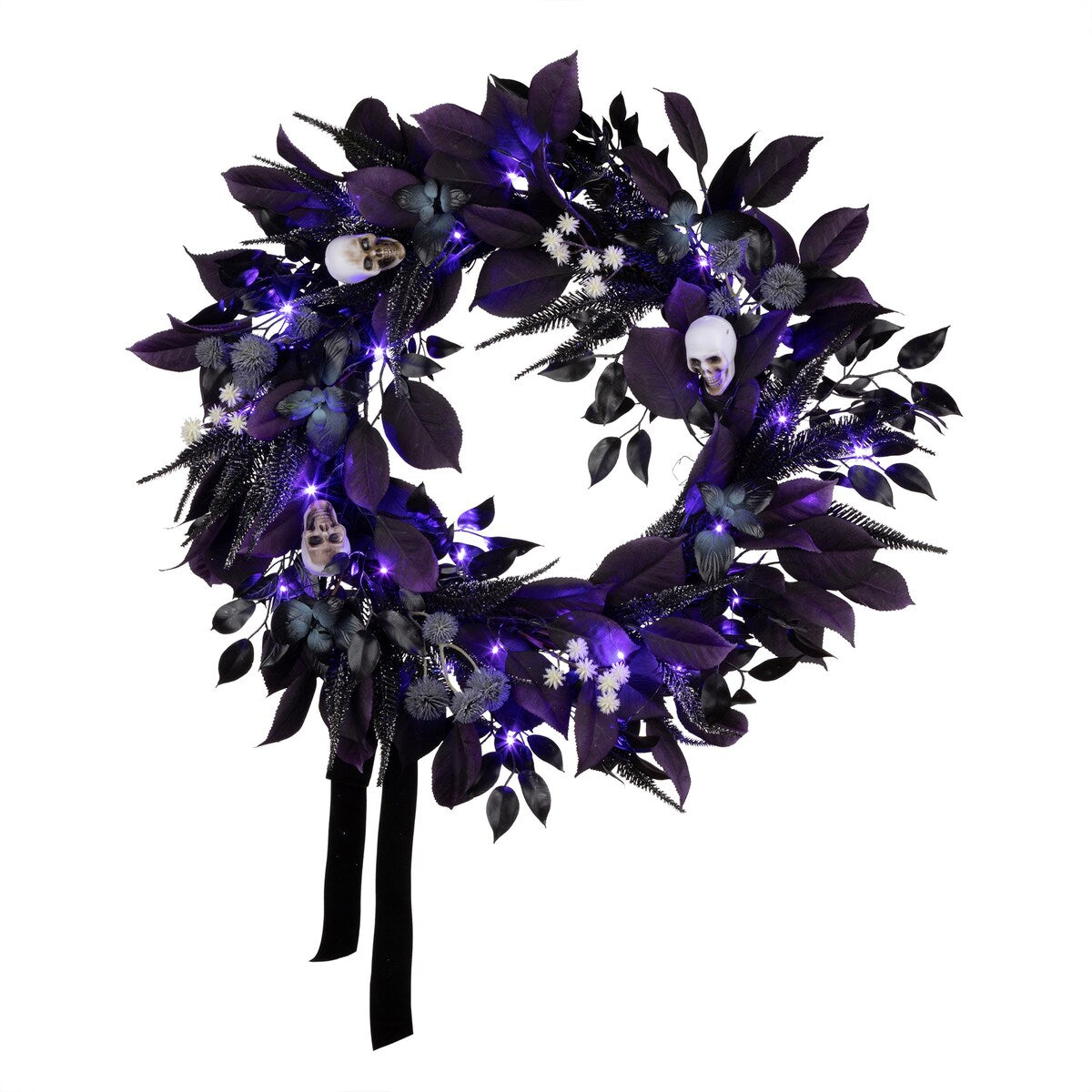 National Tree Company 26 Artificial Floral Mini Skull Wreath, 30 Purple LED Lights, Battery Operated