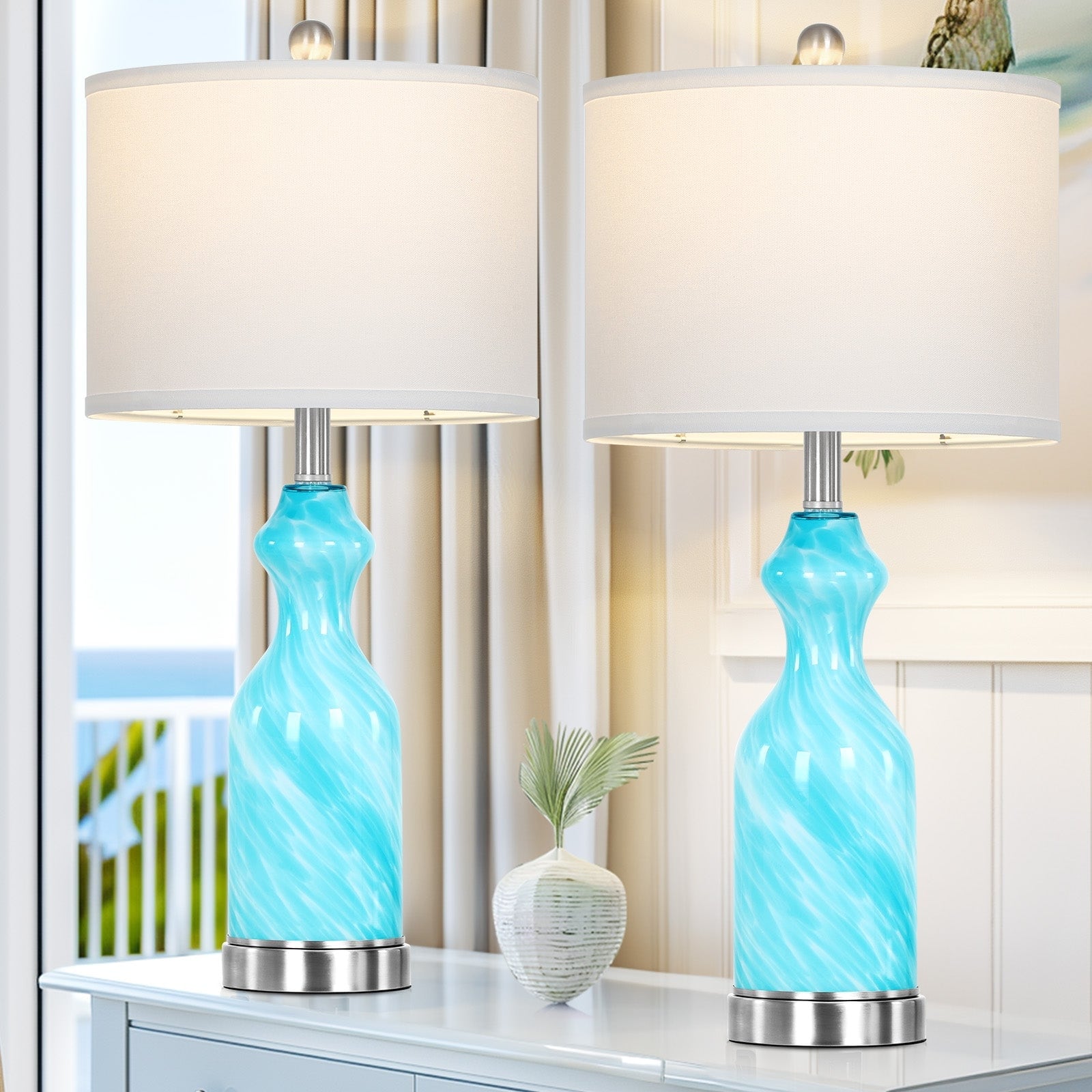 Blue Glass Nightlight Table Lamps 2in1 with USB and type-C Charging Ports (Set of 2) - 12'' x 12'' x 26'' (L x W x H)