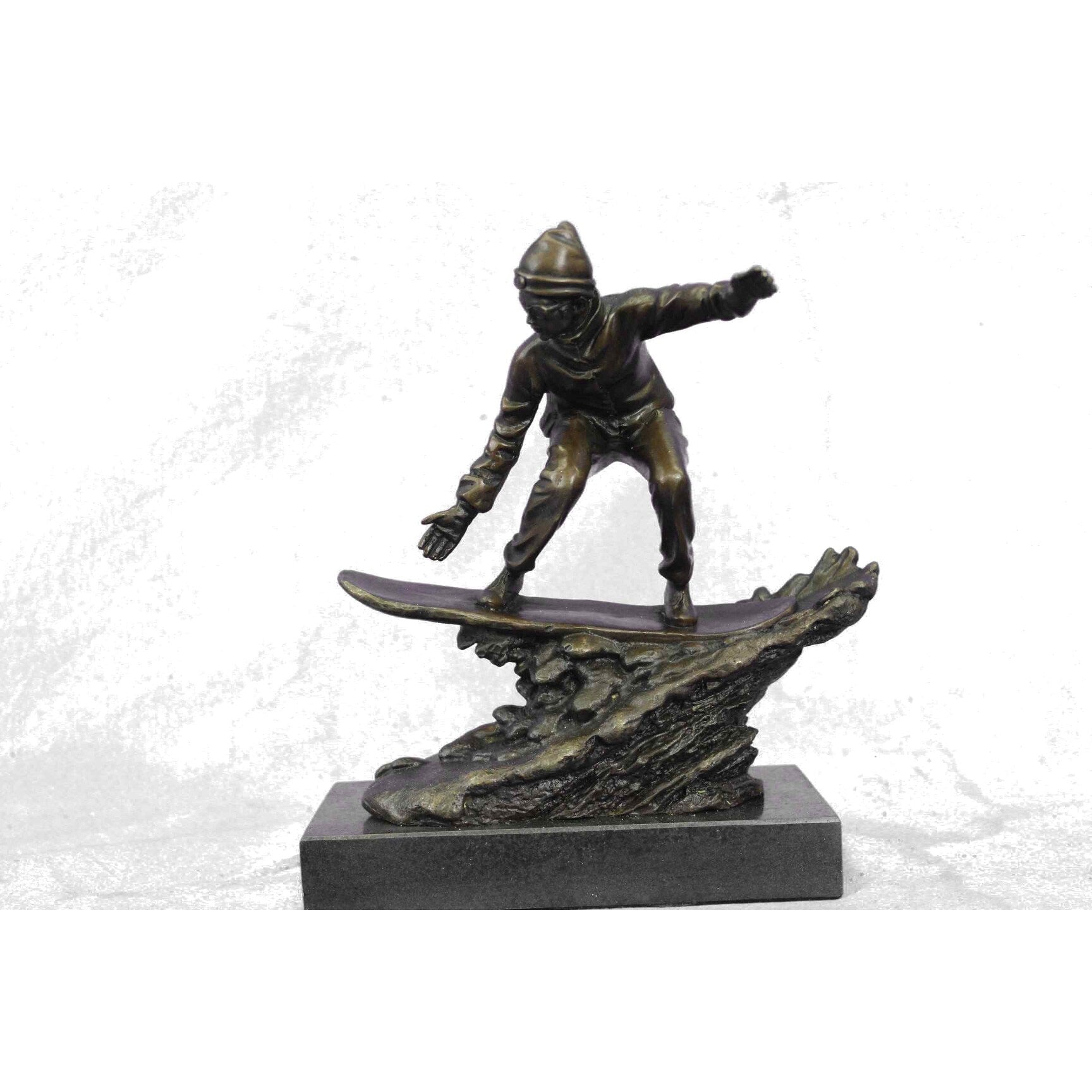 Real Bronze Marble Ski Snowboarder Winter Sport Figurine Sculpture Figural Decor