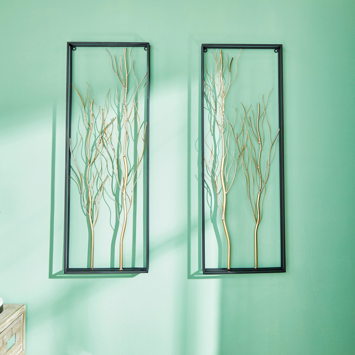 Metal Tree Branch Home Wall Decor with Black Frame - Set of 2 Gold - Roche River Decor