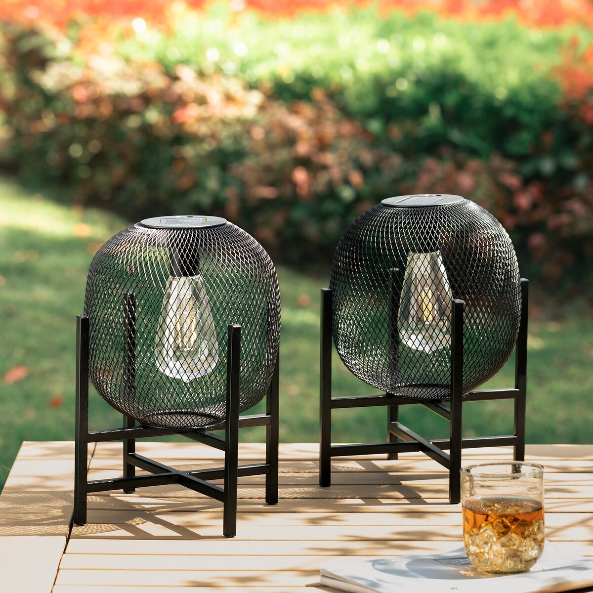 Glitzhome Set of 2 Metal Black Solar Powered Outdoor Lantern with Stand