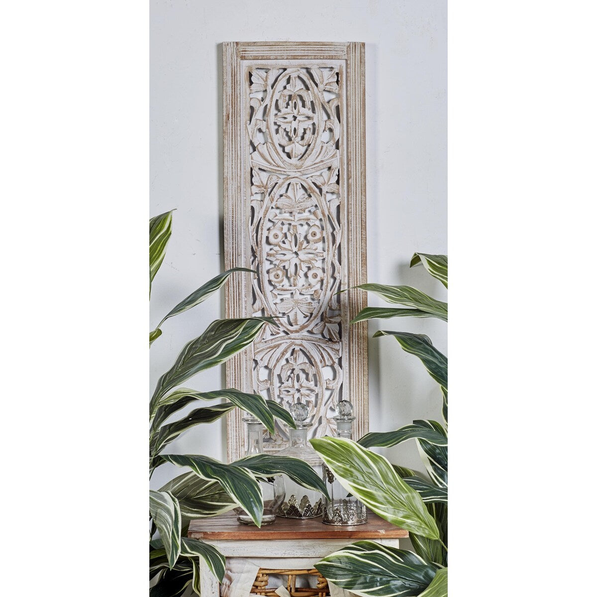 Mango Wood Floral Handmade Intricately Carved Arabesque Home Wall Decor - Cream - Roche River Decor