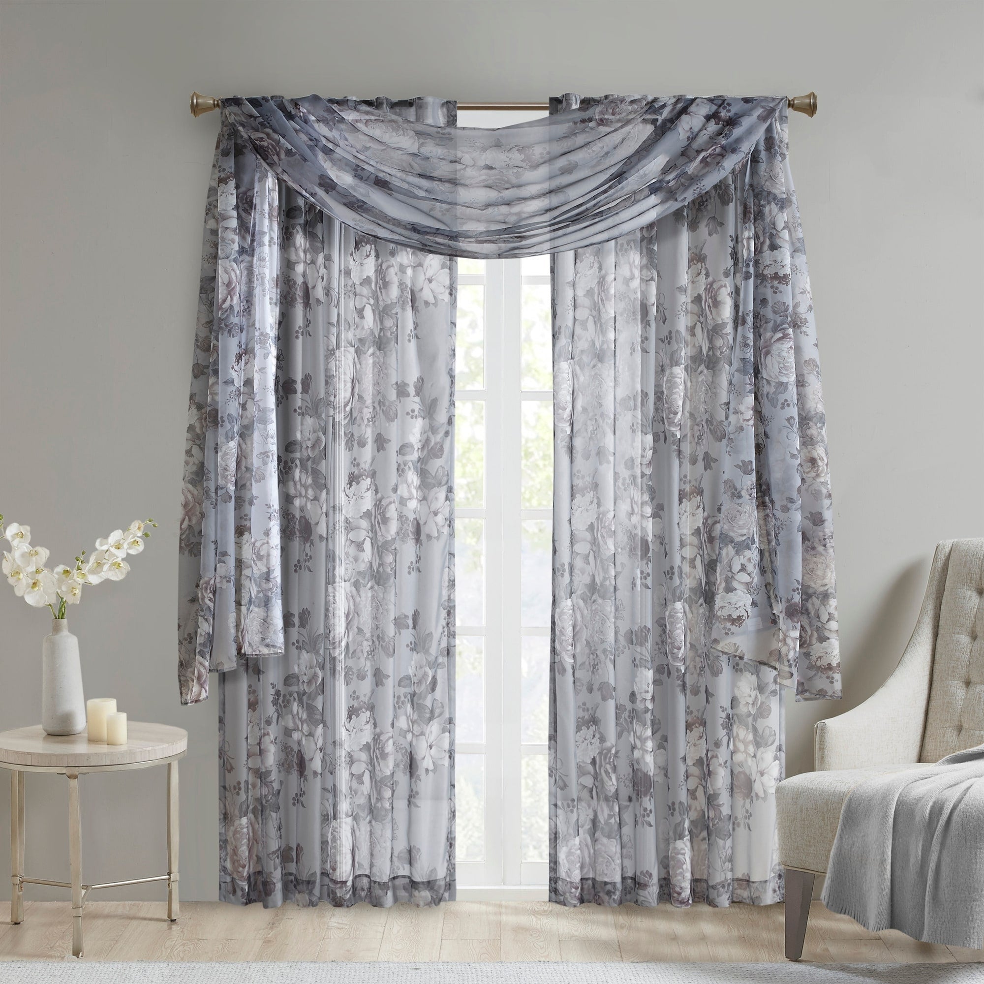 Madison Park Abelia Printed Floral Rod Pocket and Back Tab Voile Sheer Curtain