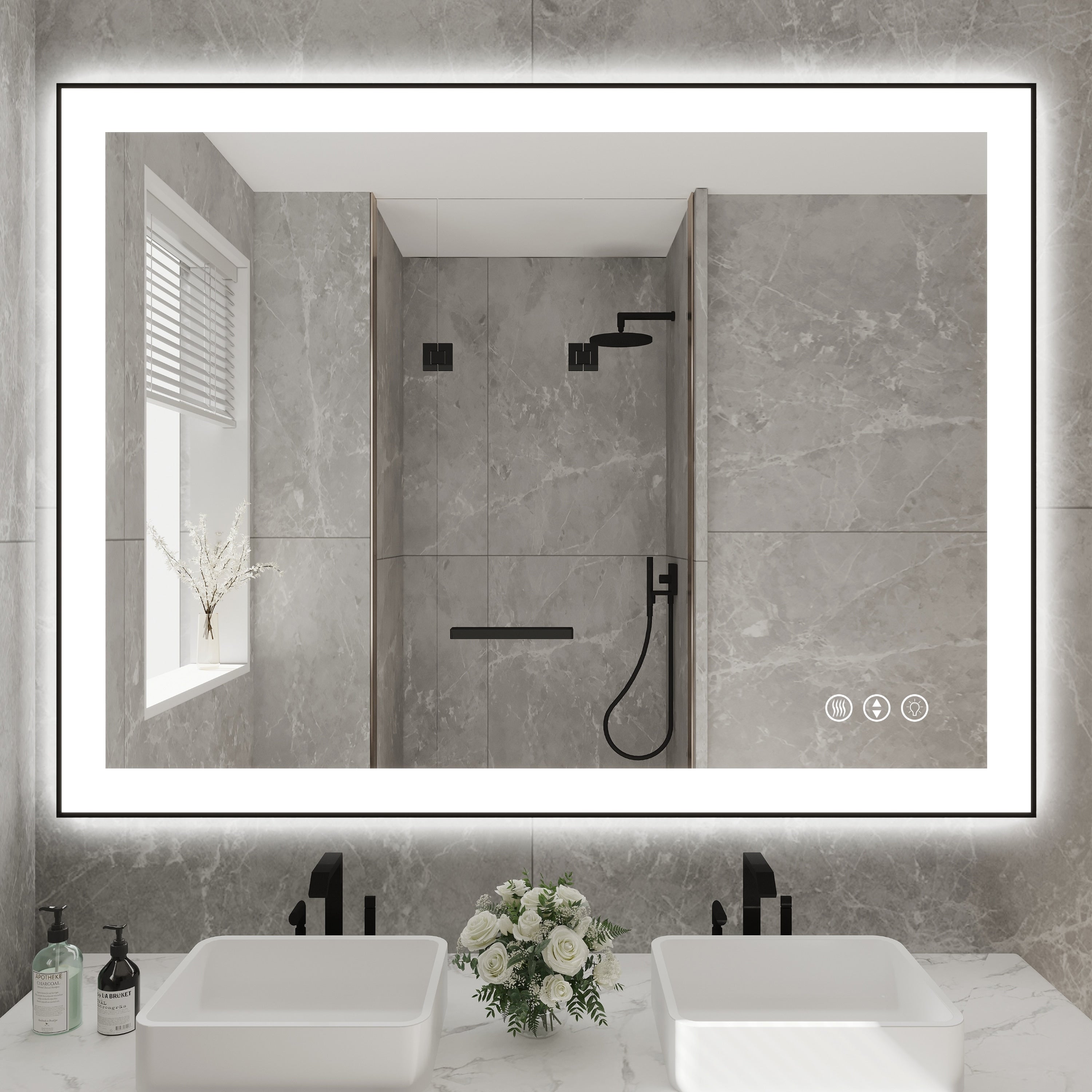 Rectangular Aluminum Framed Backlit and Front Light LED Wall Bathroom Vanity Mirror in Black - N/A