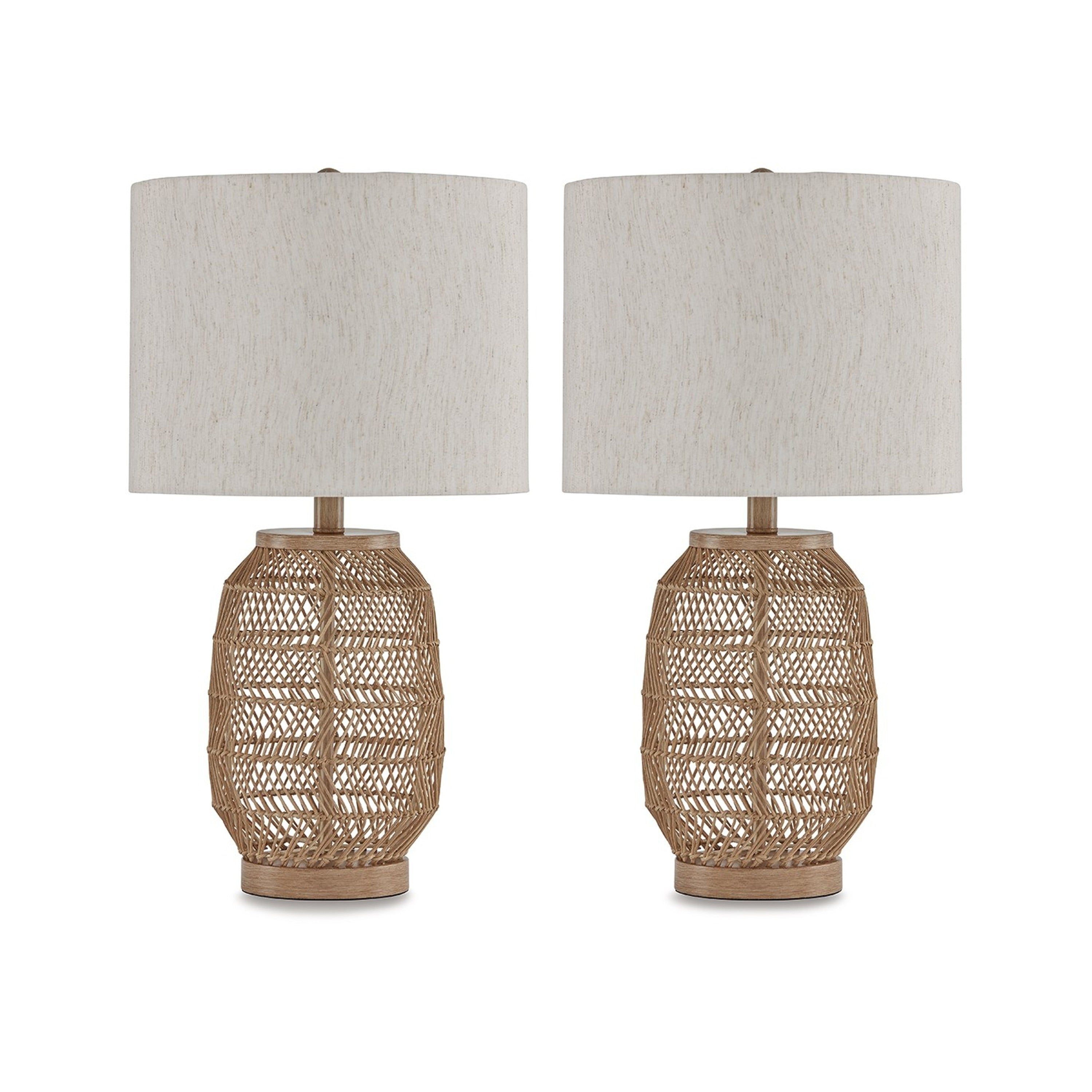 23 Inch Boho Table Lamp Set of 2, White Shade, Beige Rattan Woven Lantern