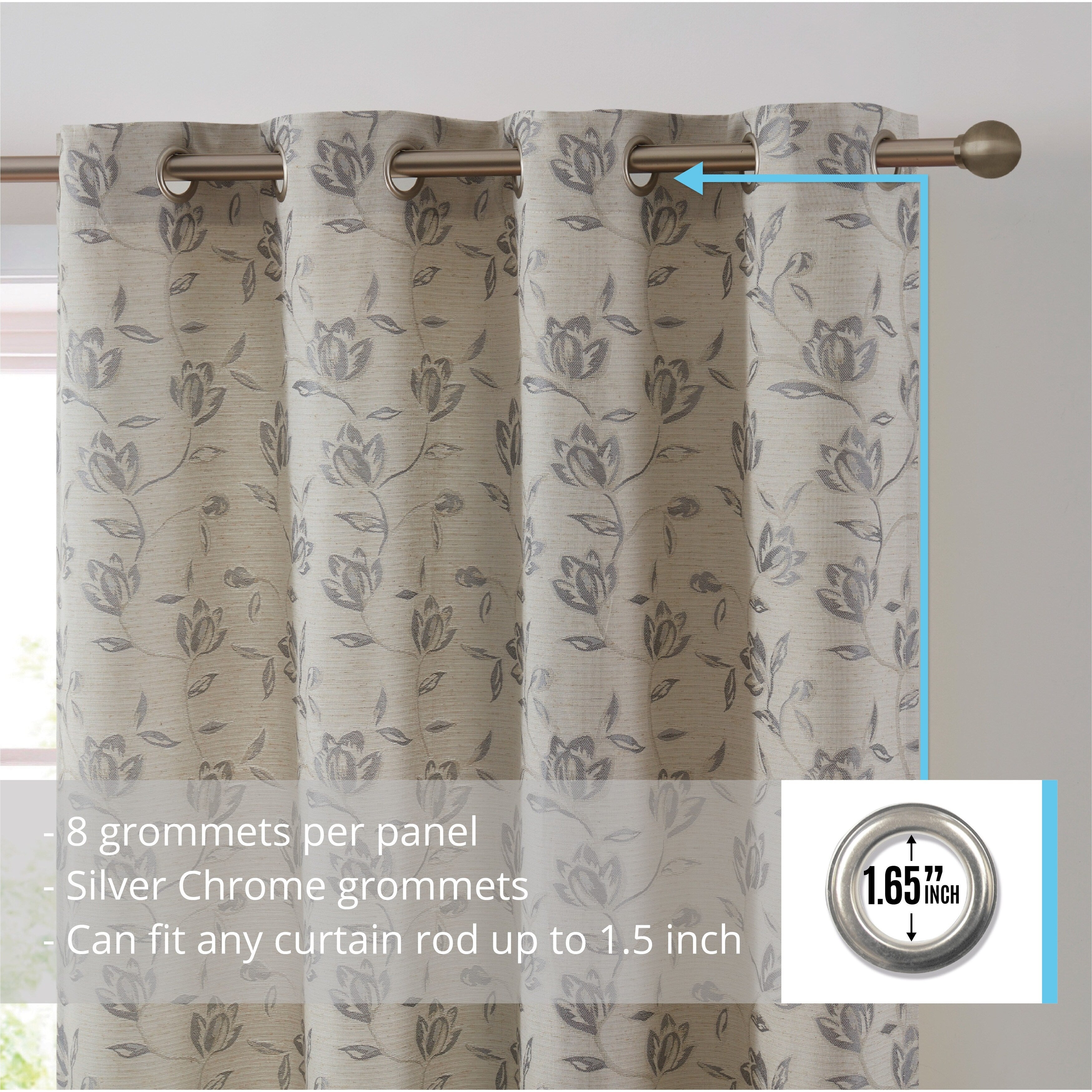 HLC.me Zoey Burlap Flax Linen Floral Jacquard Light Filtering Transparent WindowGrommet Curtain Panels, 2 Panels