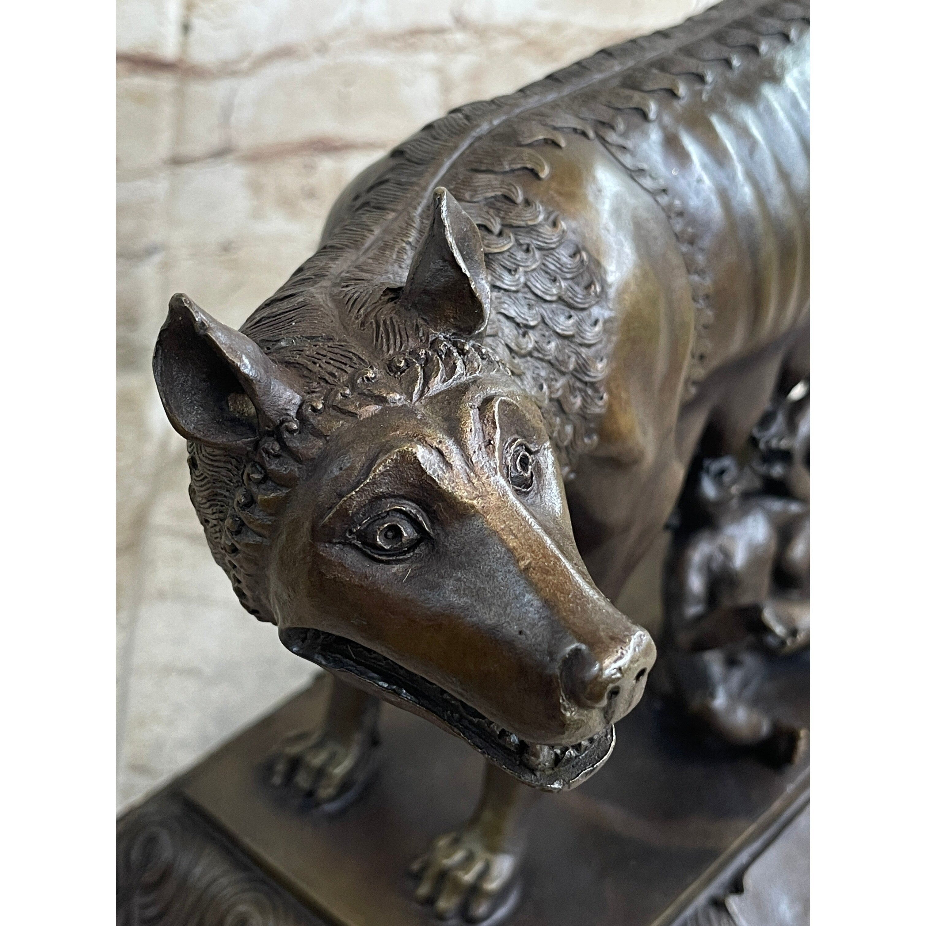 The Capitoline Wolf Romulus Remus Bronze Metal Statue Sculpture On Rose Marble Base 12 Inches X 15 Inches