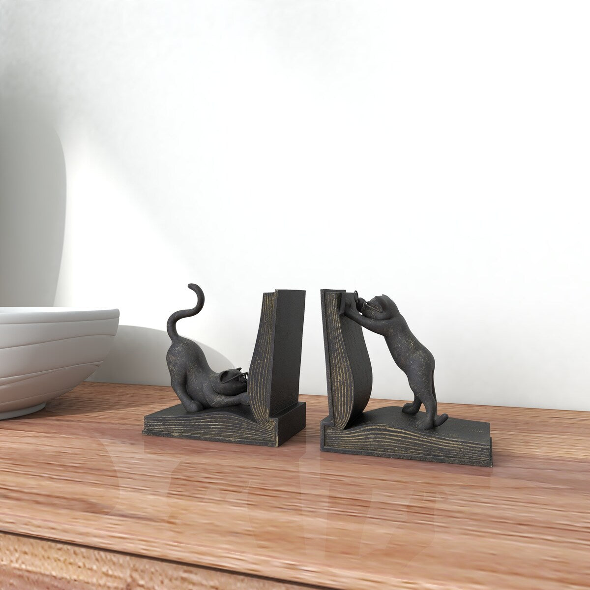 Polystone Cat Reading Decorative Bookends - Set of 2 Black - Roche River Decor