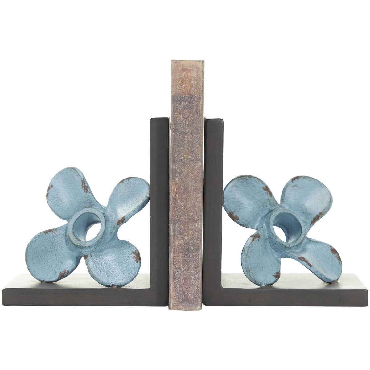 Metal Boat Distressed Propeller Decorative Bookends with Brown L-Shaped Stands - Set of 2 Teal - Roche River Decor