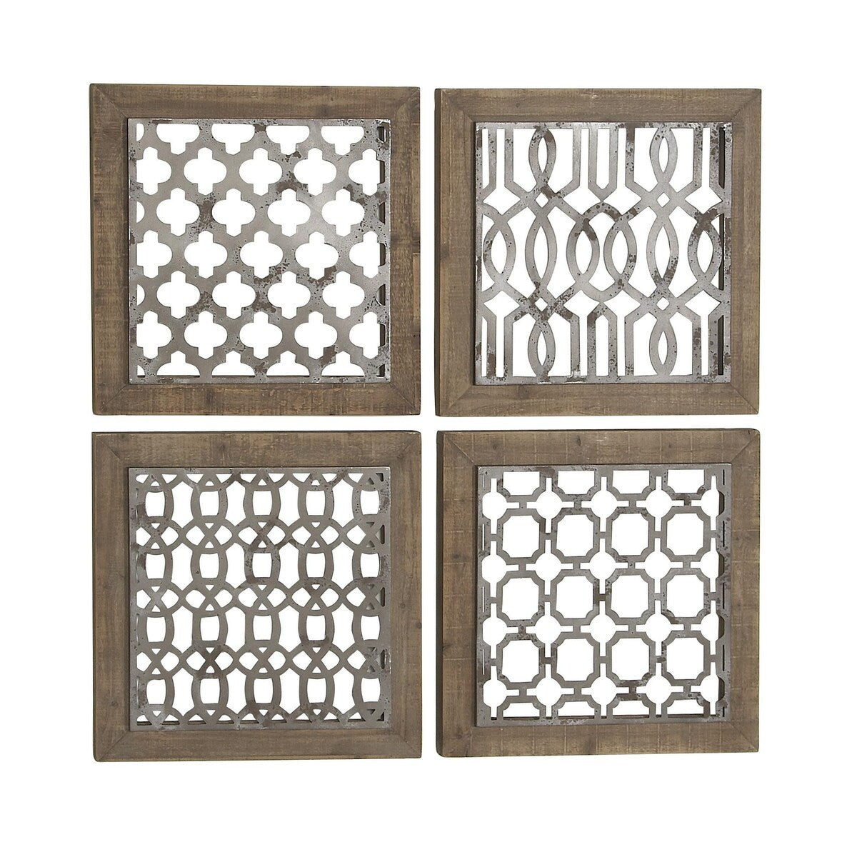 Wood Geometric Home Wall Decor with Silver Metal Trellis Cutouts - Set of 4 Brown - Roche River Decor