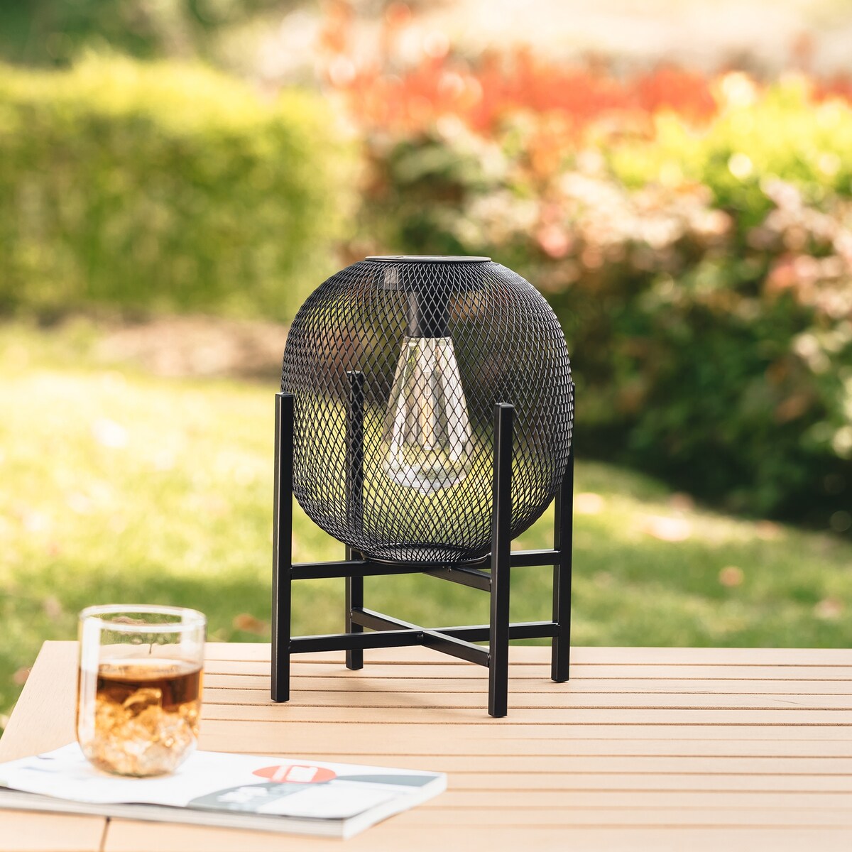 Glitzhome Set of 2 Metal Black Solar Powered Outdoor Lantern with Stand