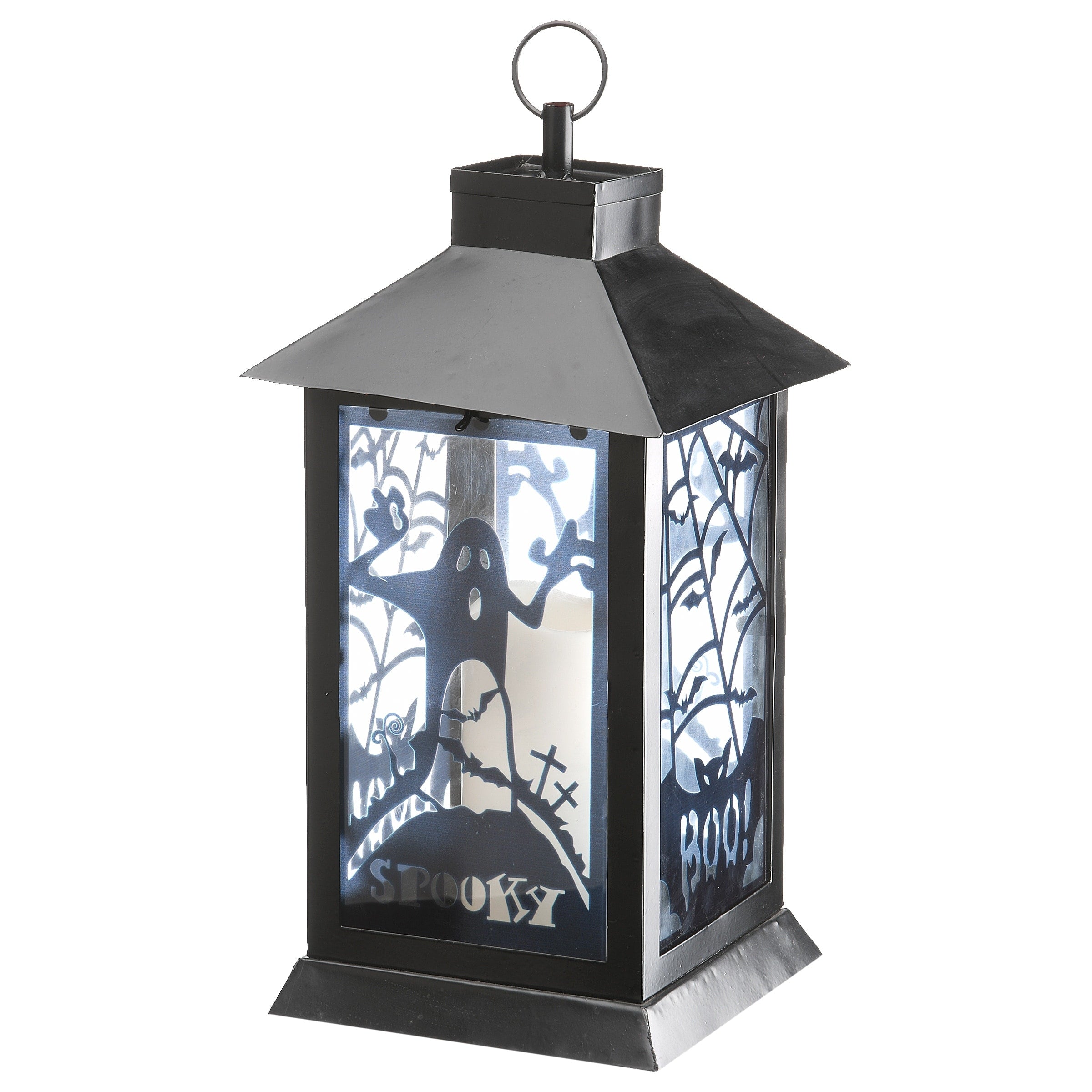 National Tree Company Halloween Lantern with LED Lights, Carved Images of Ghosts and Cobwebs, 16 inches - 16 in