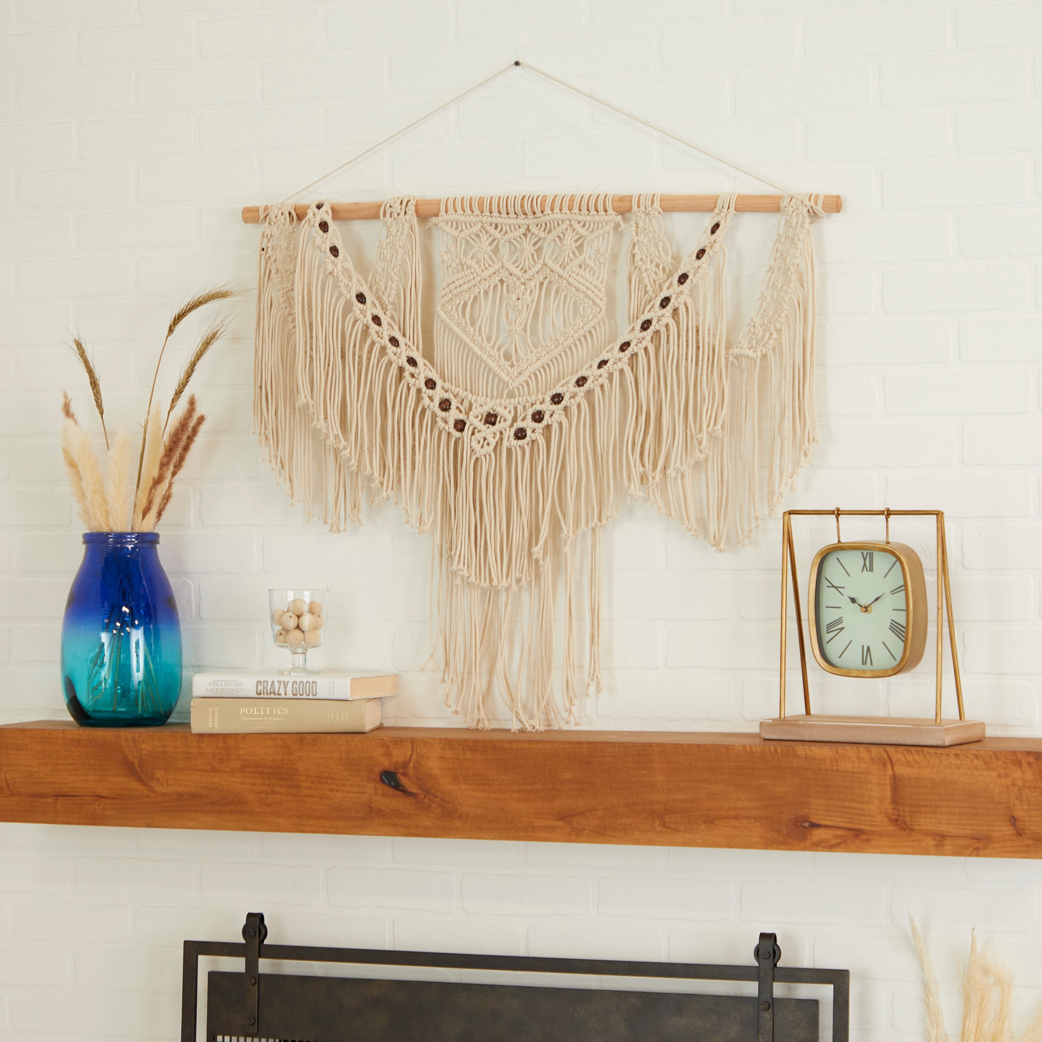 Cotton Handmade Intricately Weaved Macrame Wall Decor with Beaded Fringe Tassels - Gray or Cream