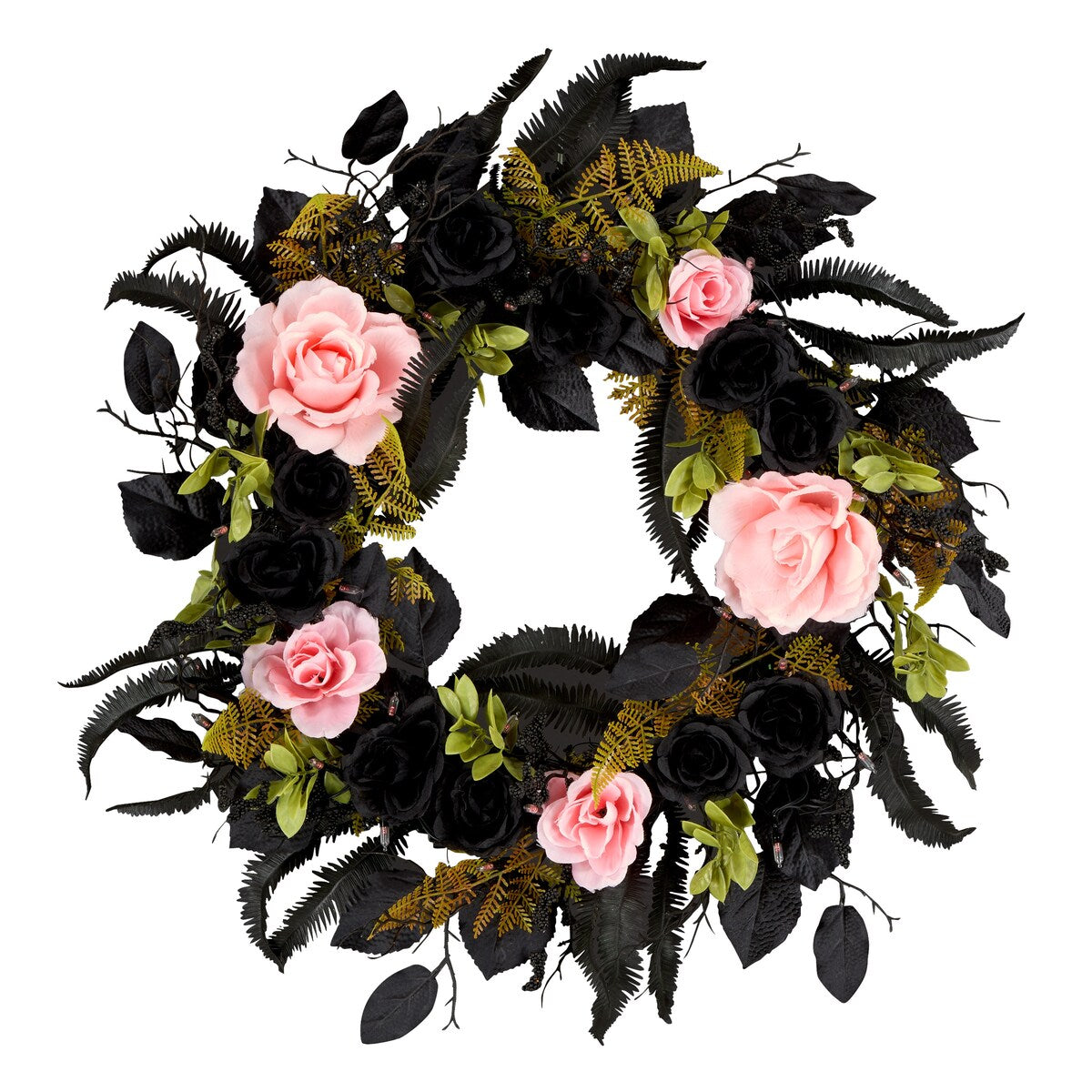 National Tree Company 24 Artificial Cute and Creep Halloween Wreath, 40 Pink LED Lights, Battery Operated