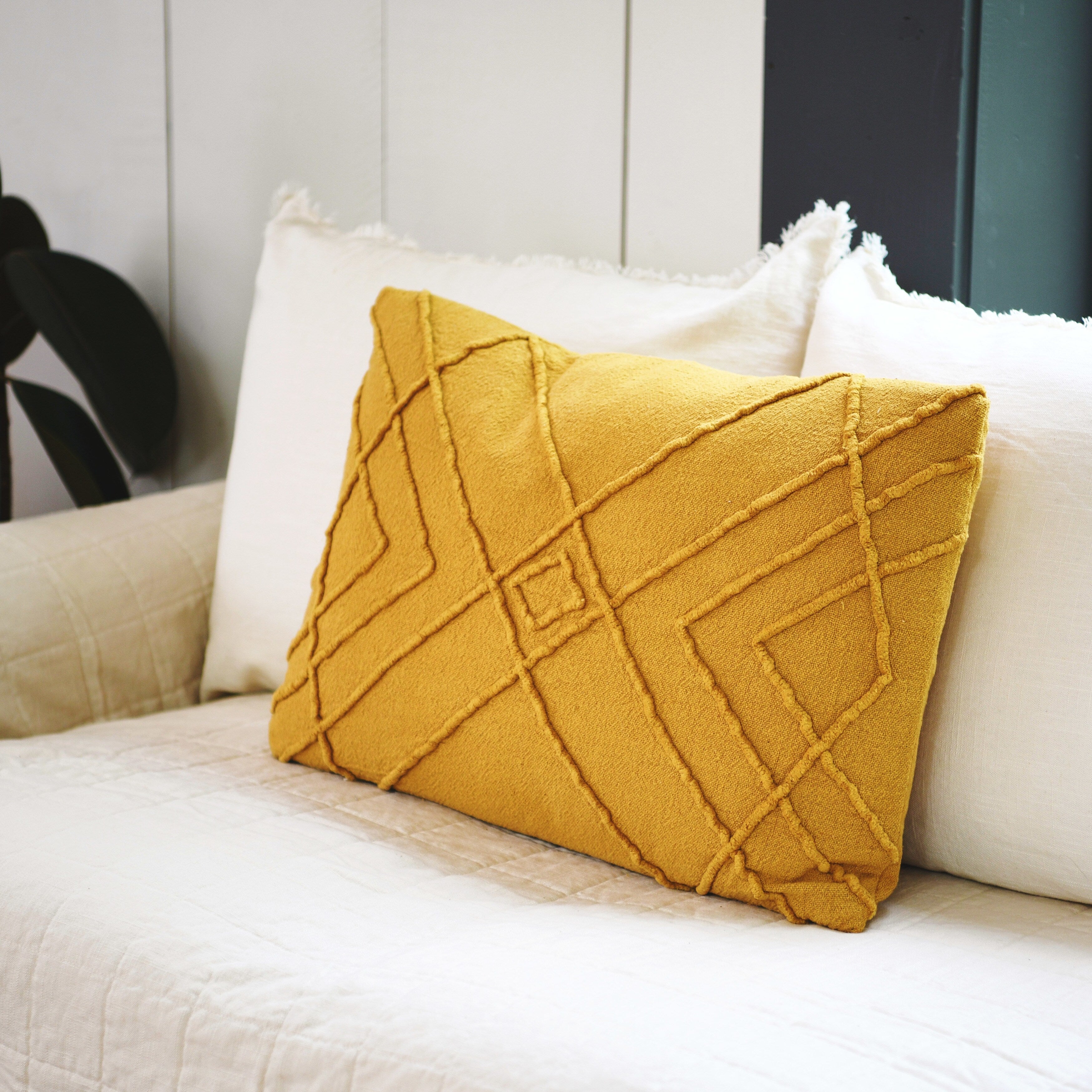 Embroidered Cotton Geometric Lumbar Pillow