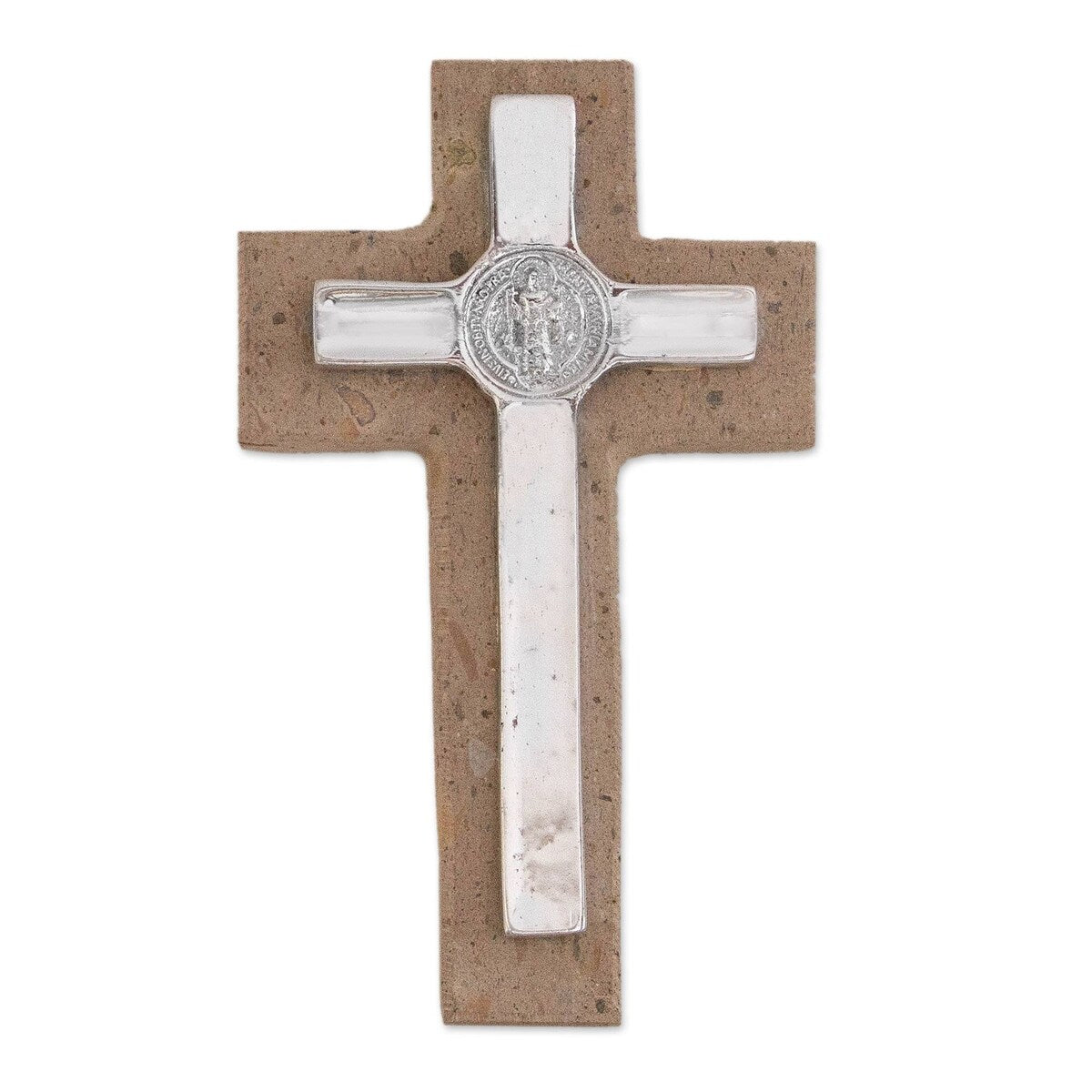 Handmade Saint Benedict Pewter And Reclaimed Stone Wall Cross (Mexico) - 8.25 H x 4.8 W x 1.1 D