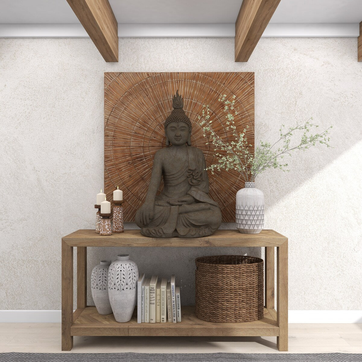 Polystone Buddha Meditating Decorative Sculpture with Engraved Carvings and Relief Detailing - Gray - Roche River Decor