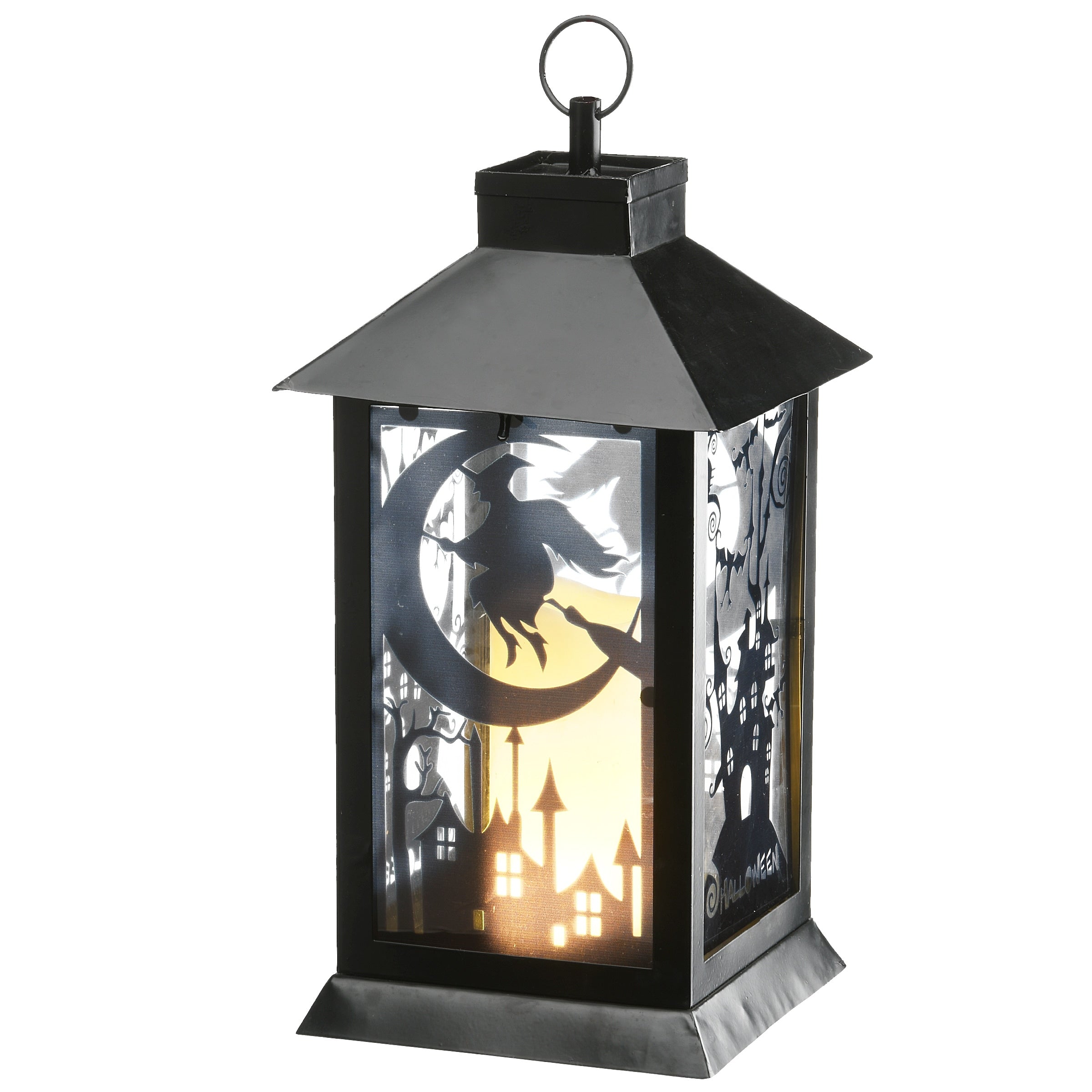 National Tree Company Halloween Lantern with LED Lights, Carved Images of Witches and Cobwebs, 16 inches - 16 in