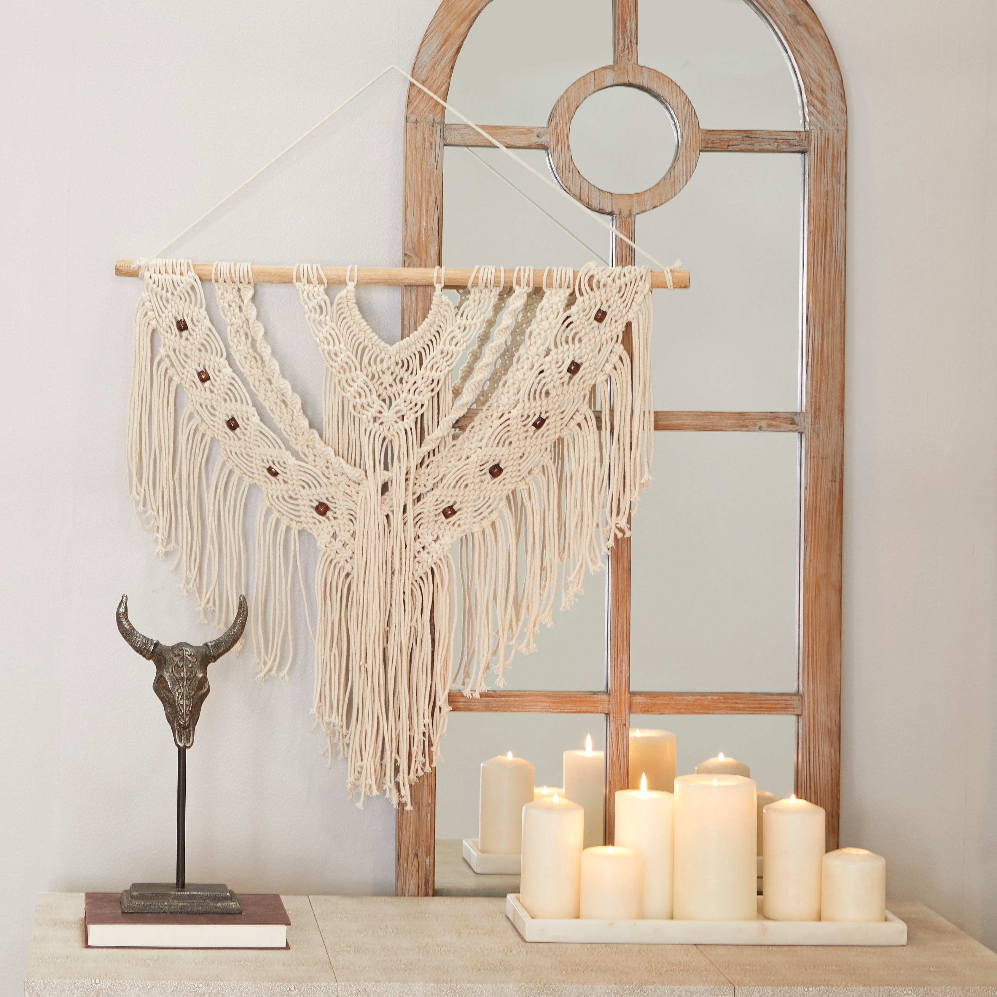 Cotton Handmade Intricately Weaved Macrame Wall Decor with Beaded Fringe Tassels - Gray or Cream