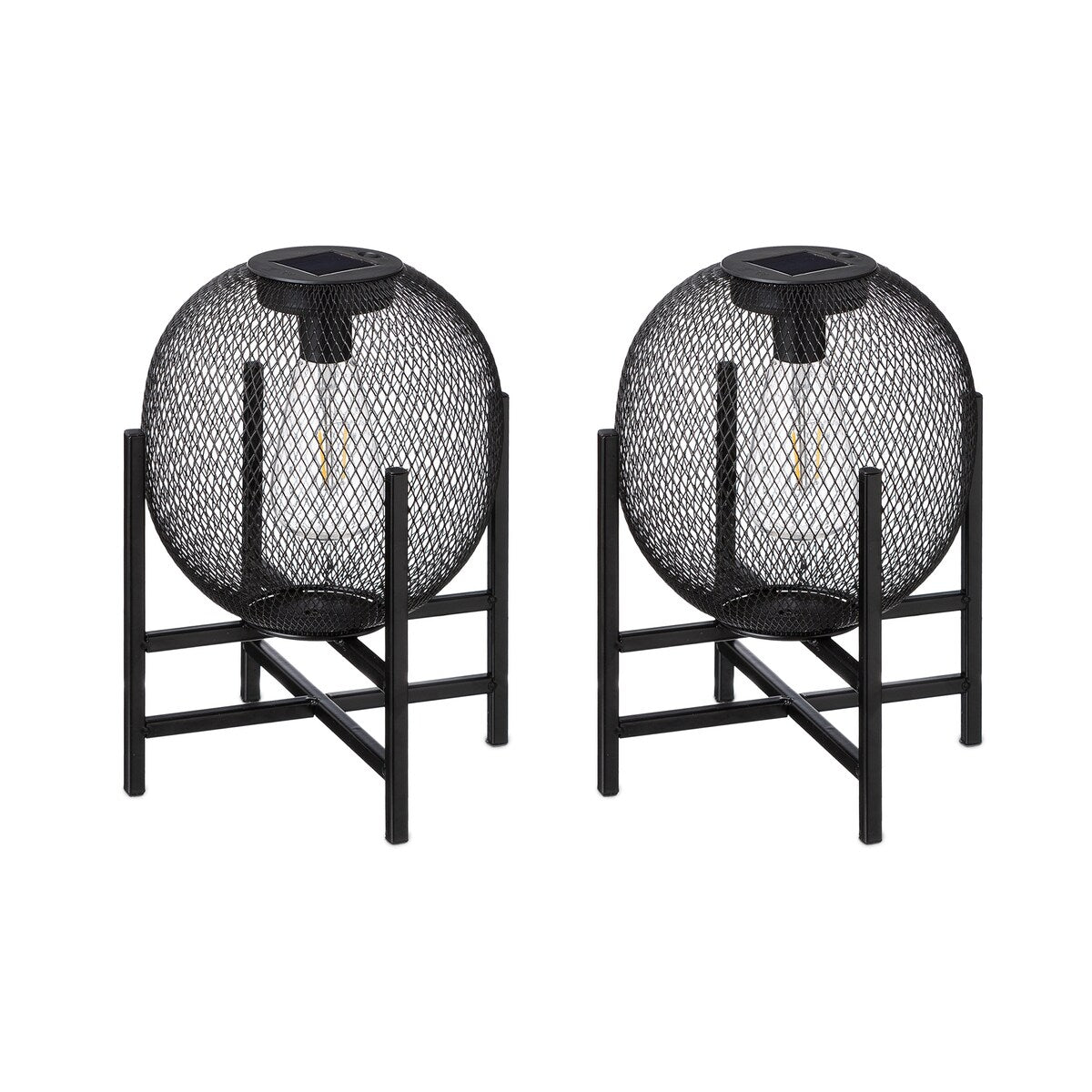 Glitzhome Set of 2 Metal Black Solar Powered Outdoor Lantern with Stand