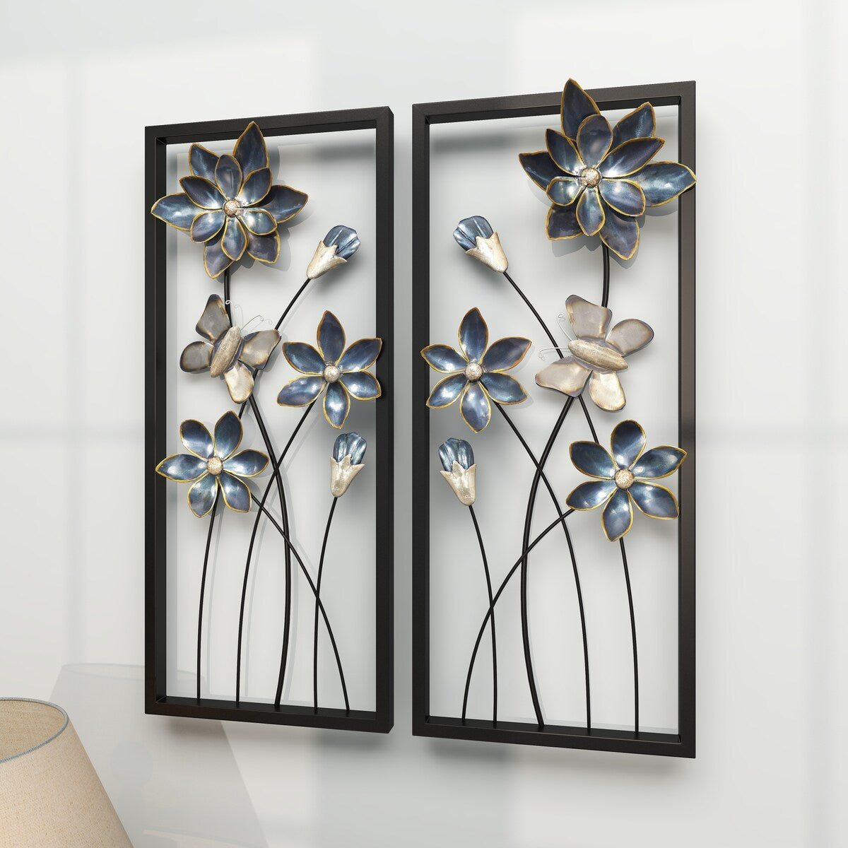 Metal Floral Home Wall Decor with Black Frames and Butterfly Accents - Set of 2 Teal - Roche River Decor