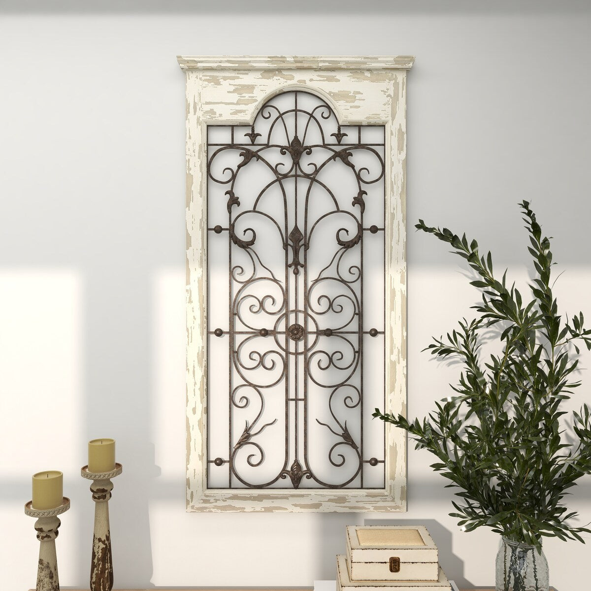 Wood Scroll Distressed Window Inspired Panel Home Wall Decor with Black Metal Fleur De Lis Relief - White - Roche River Decor