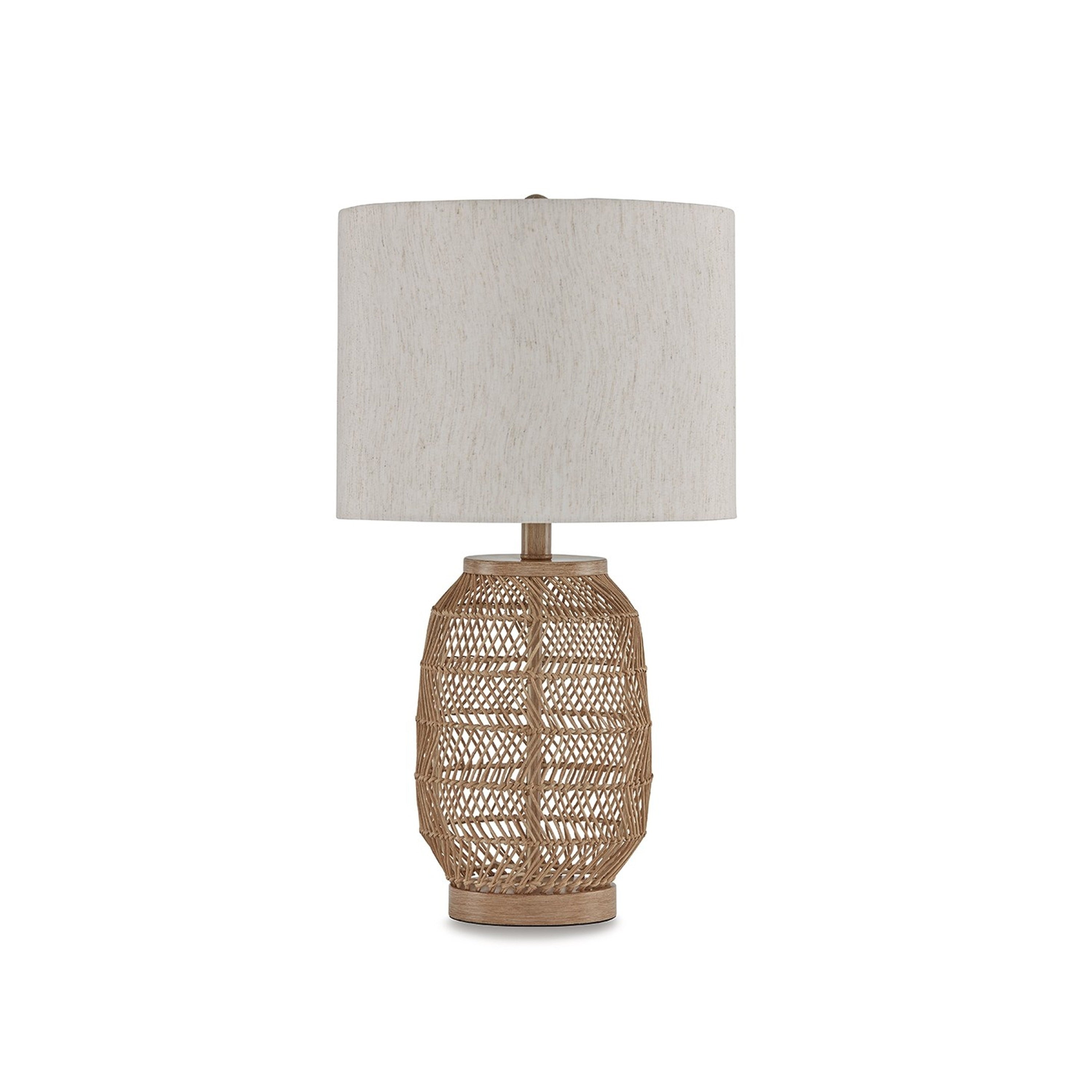 23 Inch Boho Table Lamp Set of 2, White Shade, Beige Rattan Woven Lantern