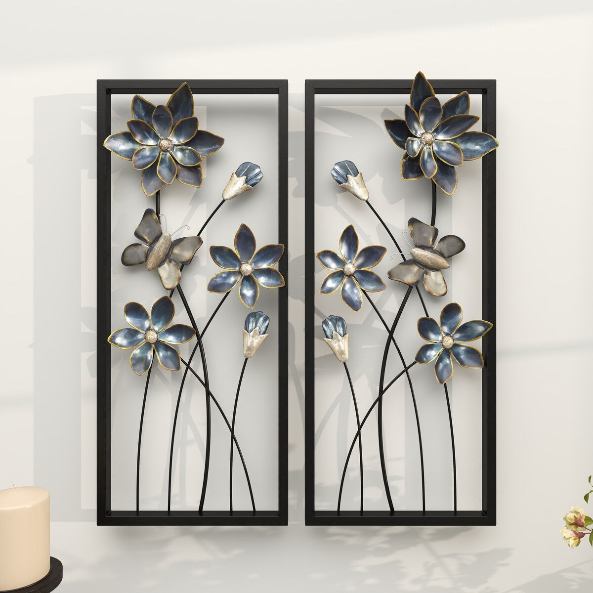 Metal Floral Home Wall Decor with Black Frames and Butterfly Accents - Set of 2 Teal - Roche River Decor