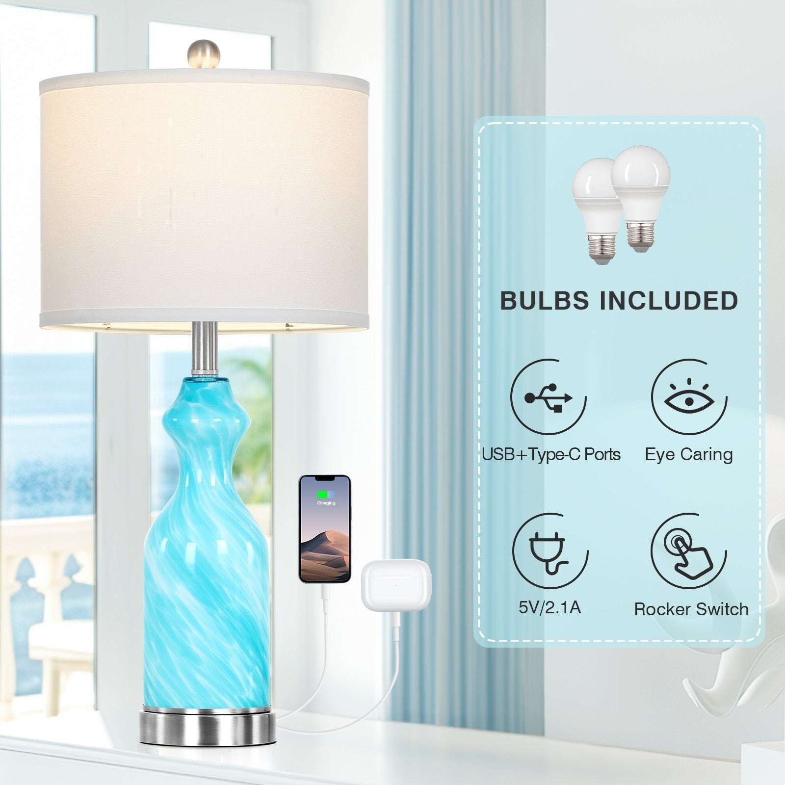 Blue Glass Nightlight Table Lamps 2in1 with USB and type-C Charging Ports (Set of 2) - 12'' x 12'' x 26'' (L x W x H)