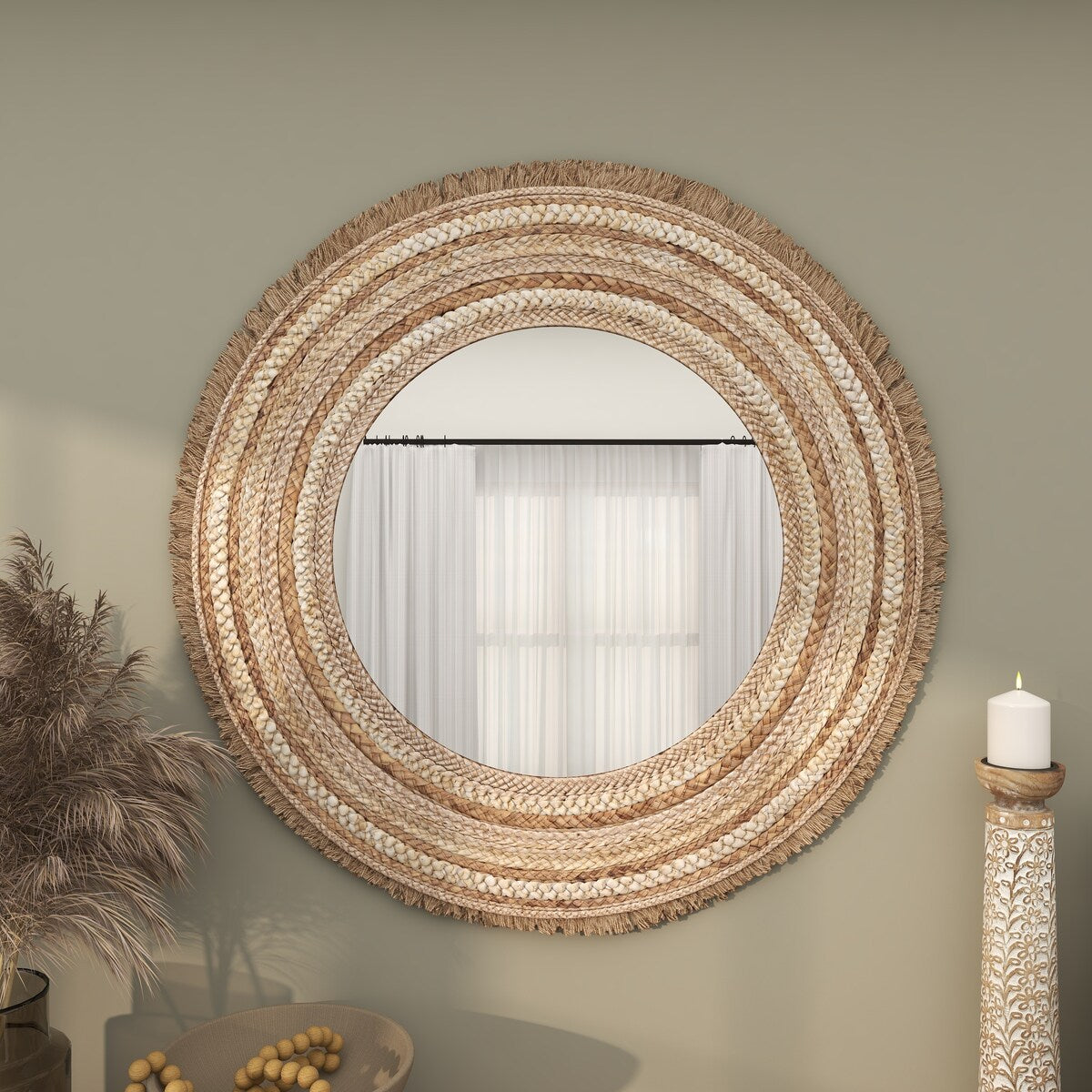 Wooden Woven Room Wall Mirror with Fringe Ends - Beige - Roche River Decor