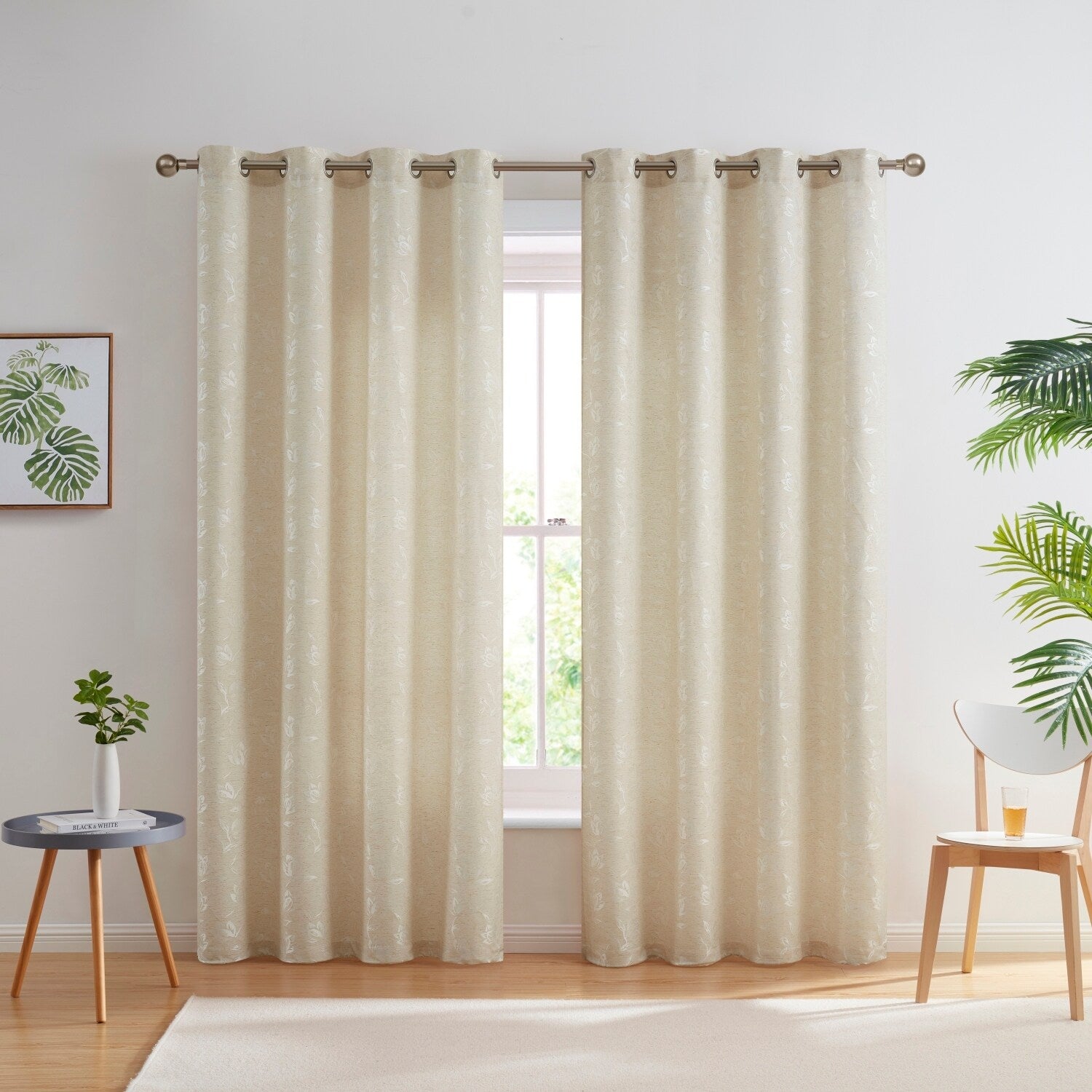 HLC.me Zoey Burlap Flax Linen Floral Jacquard Light Filtering Transparent WindowGrommet Curtain Panels, 2 Panels