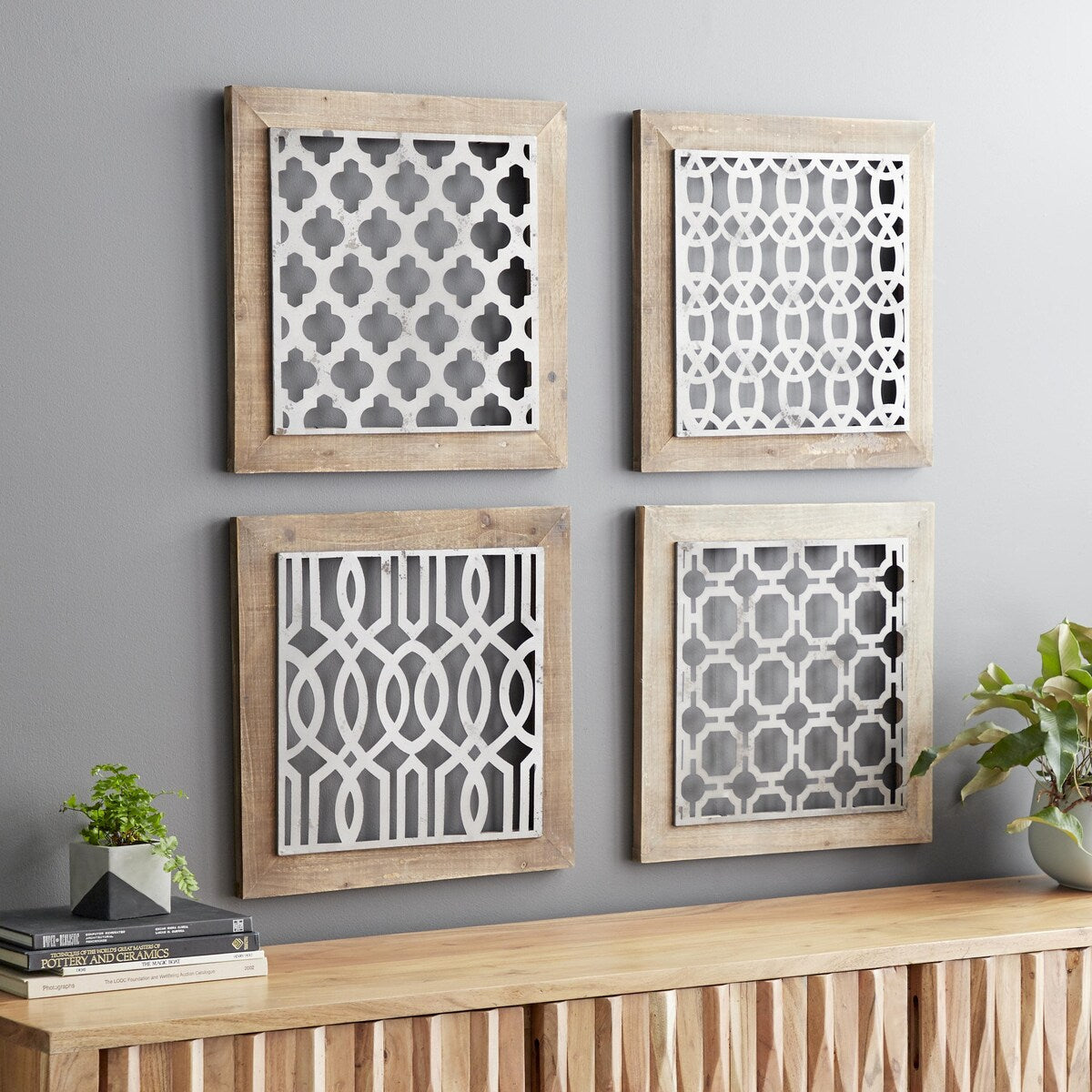 Wood Geometric Home Wall Decor with Silver Metal Trellis Cutouts - Set of 4 Brown - Roche River Decor