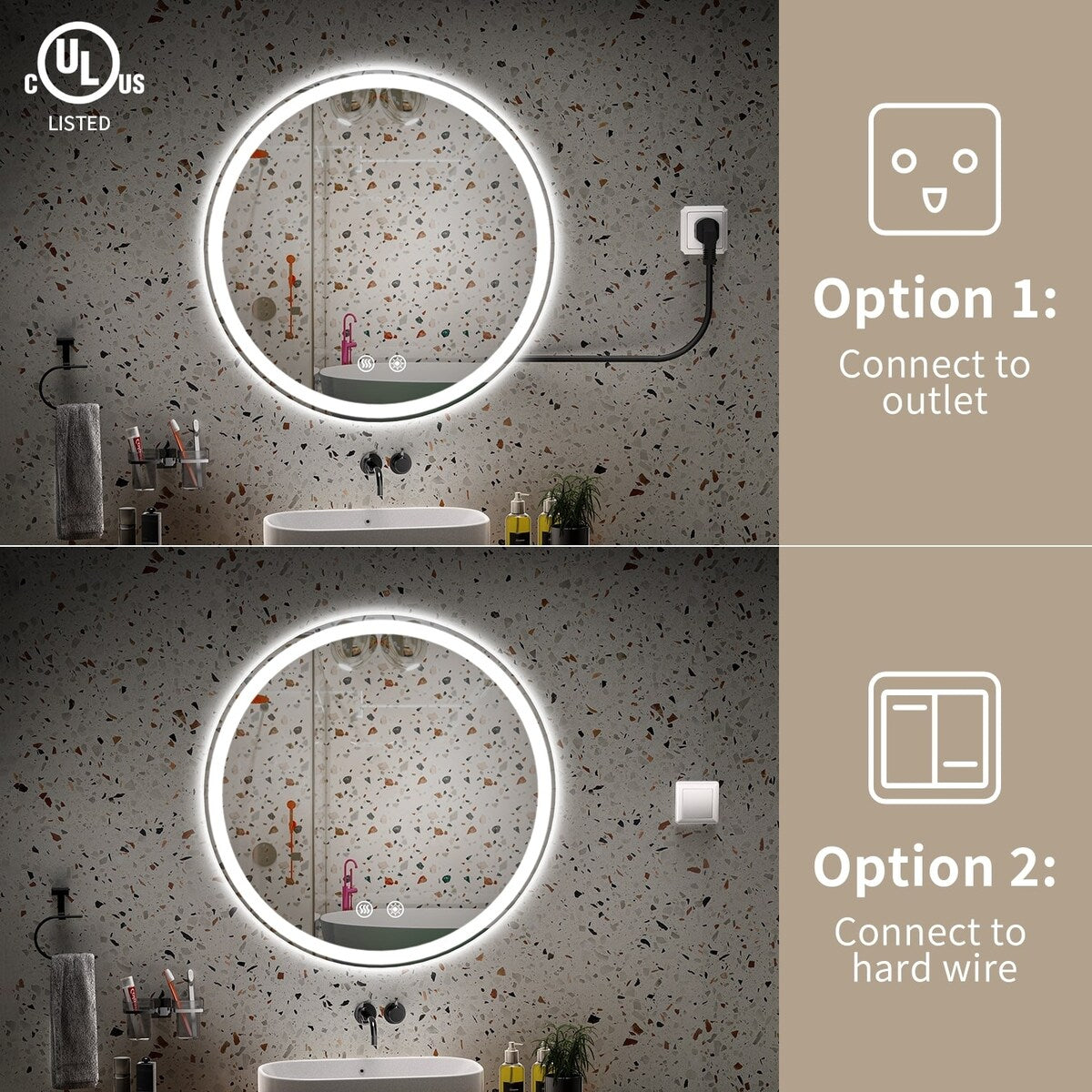 LED Lighted Dimmable Anti Fog Frameless Rounded Vanity Mirror