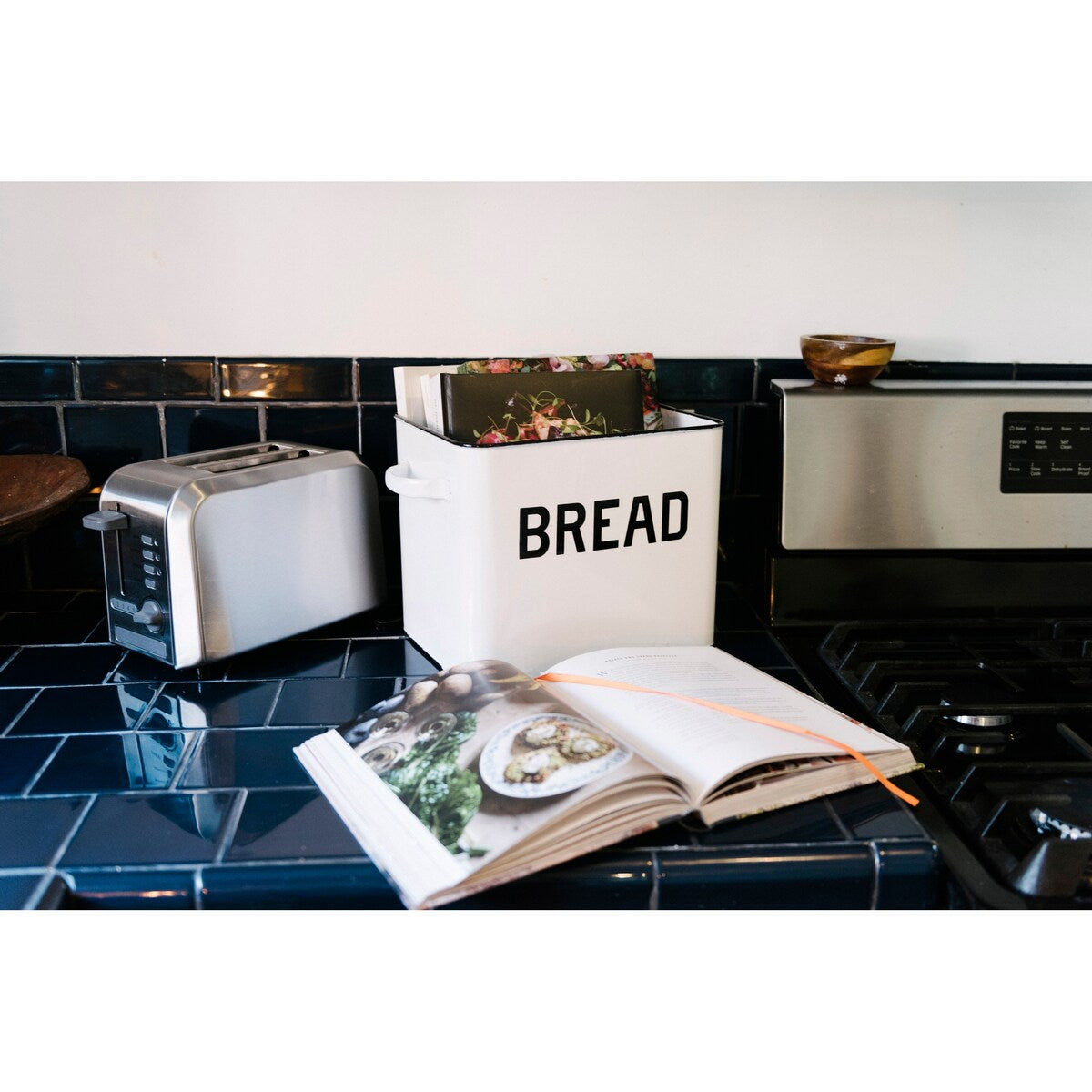 Enameled Metal Bread Box with Bread Message