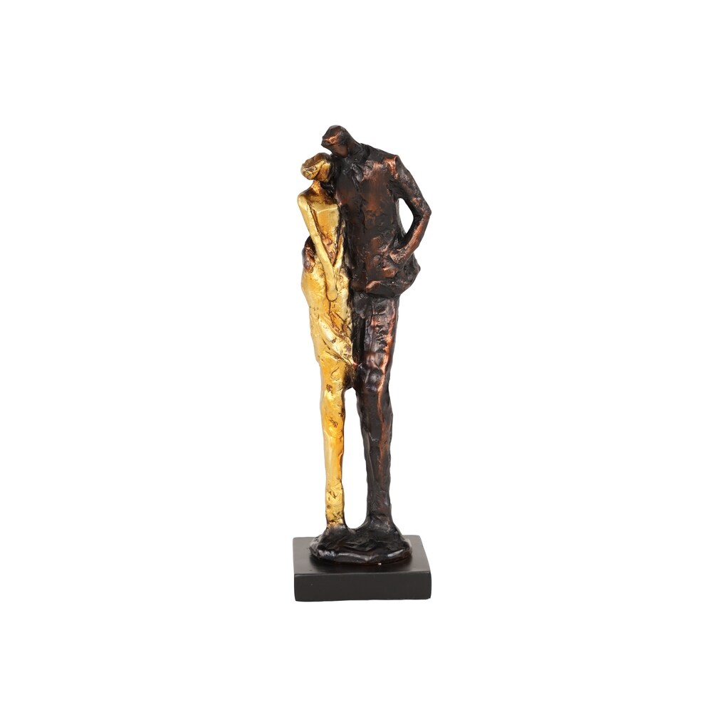 Tall Metallic Bronze & Gold Human Figurines Embracing Sculpture on Black Base, 4 x 13