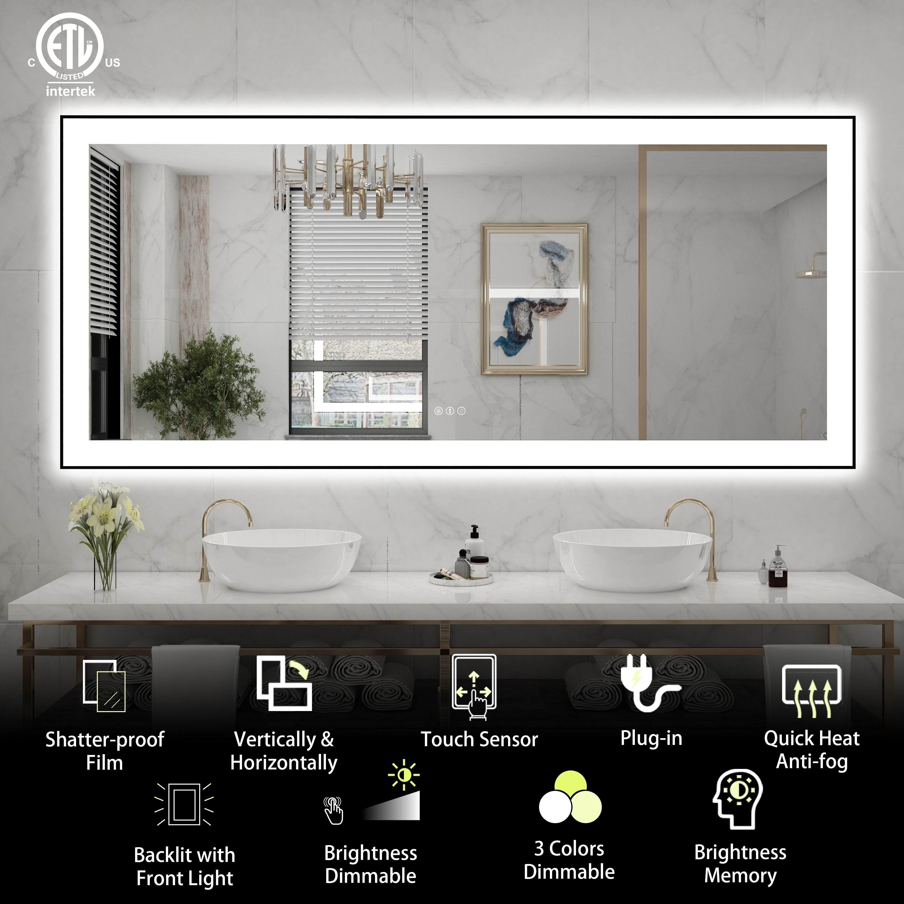 Rectangular Aluminum Framed Backlit and Front Light LED Wall Bathroom Vanity Mirror in Black - N/A