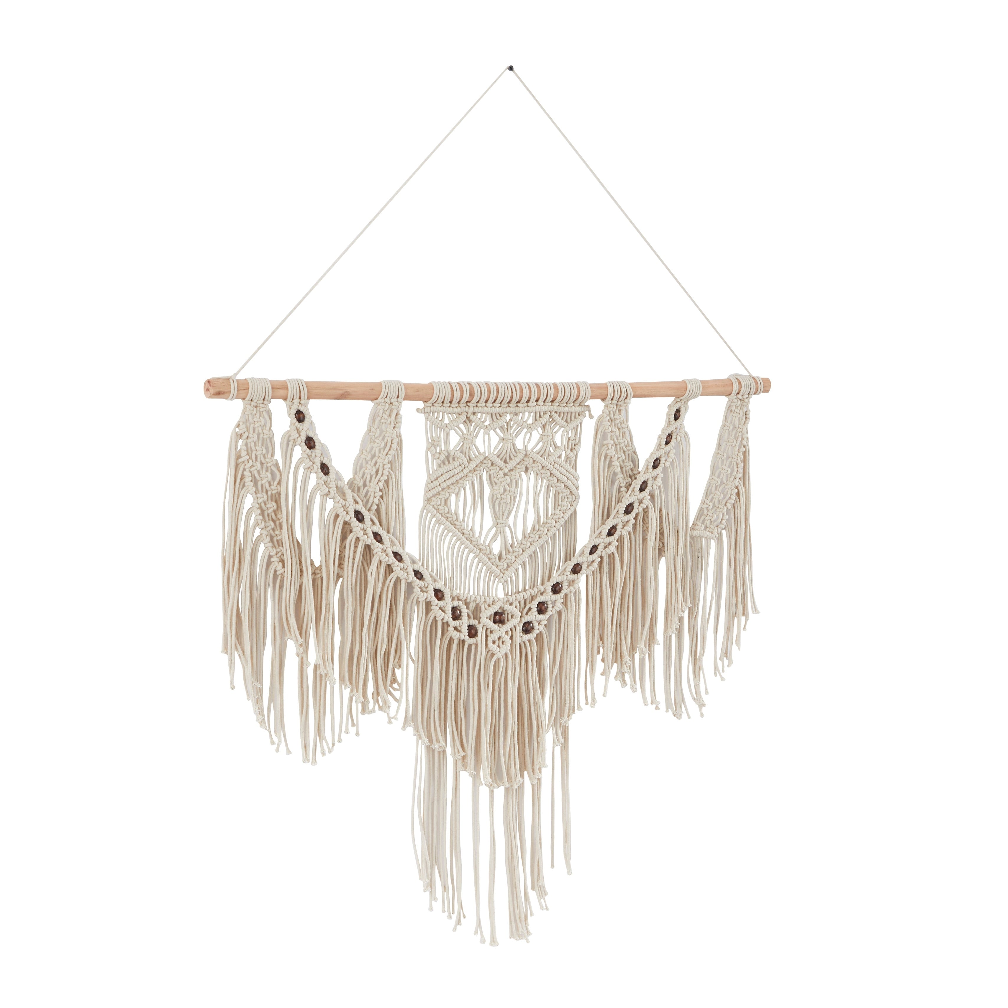 Cotton Handmade Intricately Weaved Macrame Wall Decor with Beaded Fringe Tassels - Gray or Cream