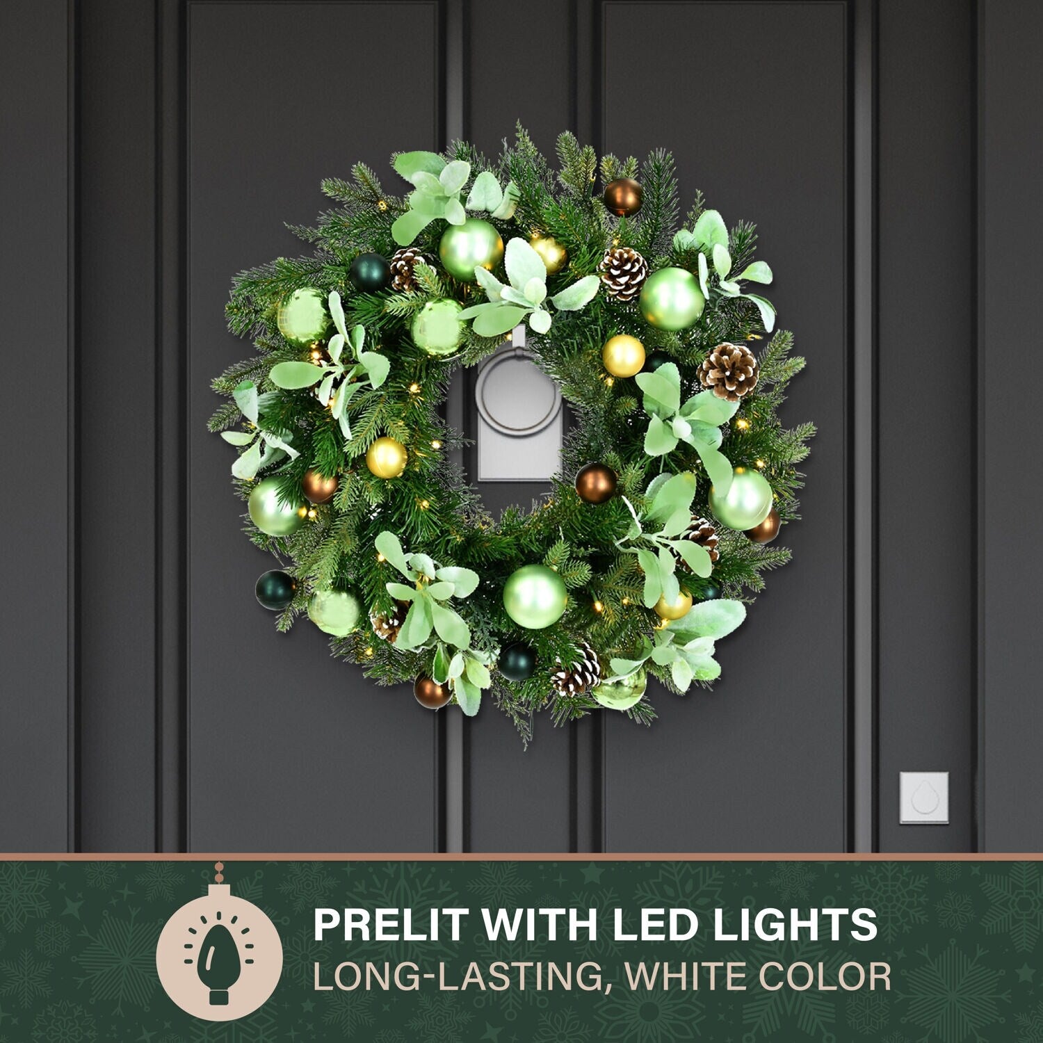 Fraser Hill Farm 24-In. Prelit Wreath with Pinecones and Metal Ornaments - Multi - 24 in.