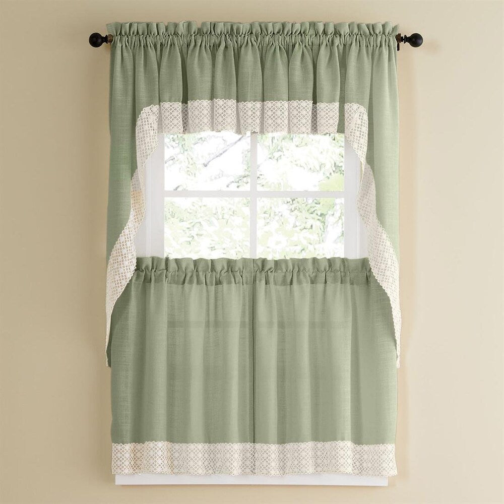 Sage Country Style Curtain Parts with White Daisy Lace Accent (Separates-Tiers, Swags and Valances)