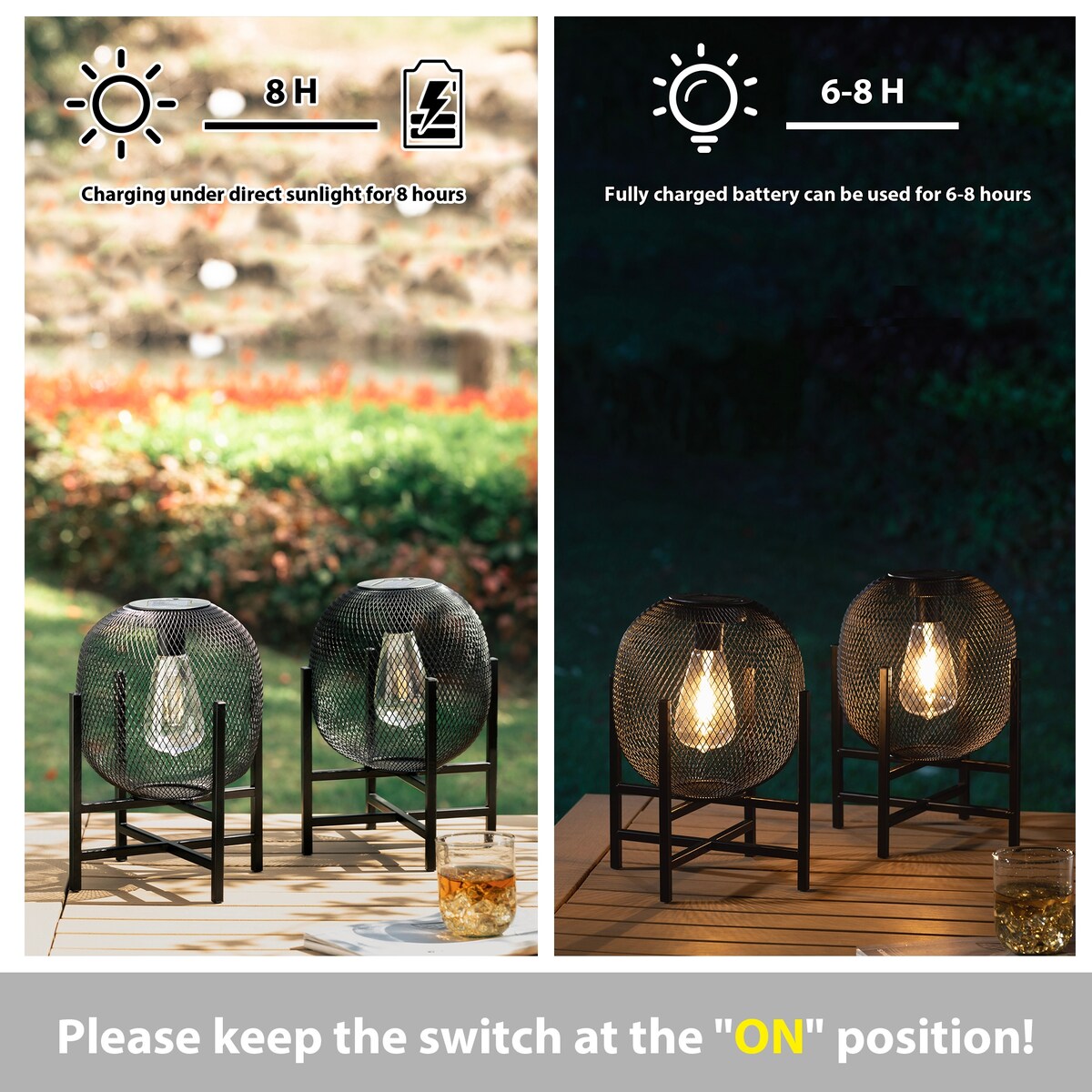 Glitzhome Set of 2 Metal Black Solar Powered Outdoor Lantern with Stand