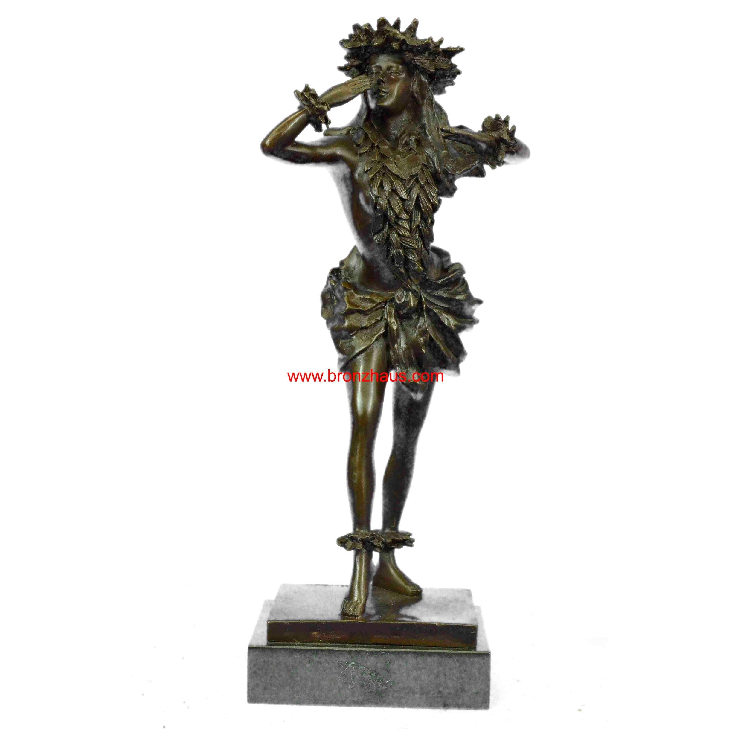 Gilt Hawaiian Girl W/Lei Flower Bronze Sculpture Hot Cast Marble Base Figurine