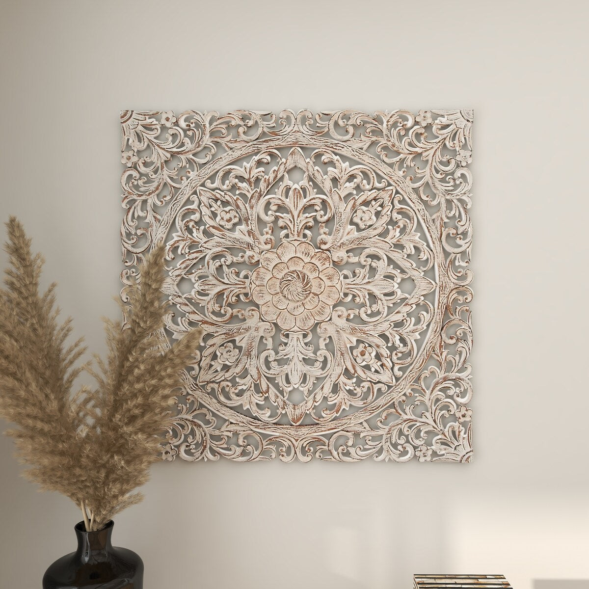 Wood Floral Handmade Intricately Carved Mandala Home Wall Decor with Brown Distressing - White - Roche River Decor